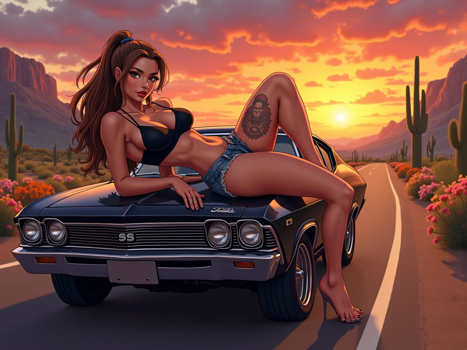 4k, digital painting, Comic Babes, araffe girl in red bra and white shorts leaning against a red truck, Isabela Moner, Instagram Model, thick thighs, Julia Fontes, sexy girl, beautiful young model, in the countryside, streetwear bra and shorts , sexy look, Portrait of Sophie Mudd, thighs, the extremely hot and sexy, exposed thighs, half pink, olivia de bernardinis