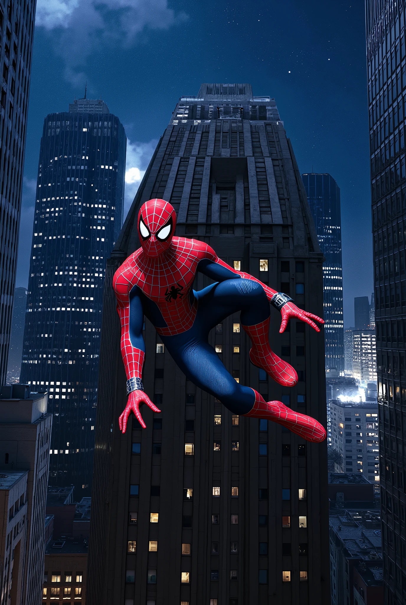 spide-man fly in night sky city