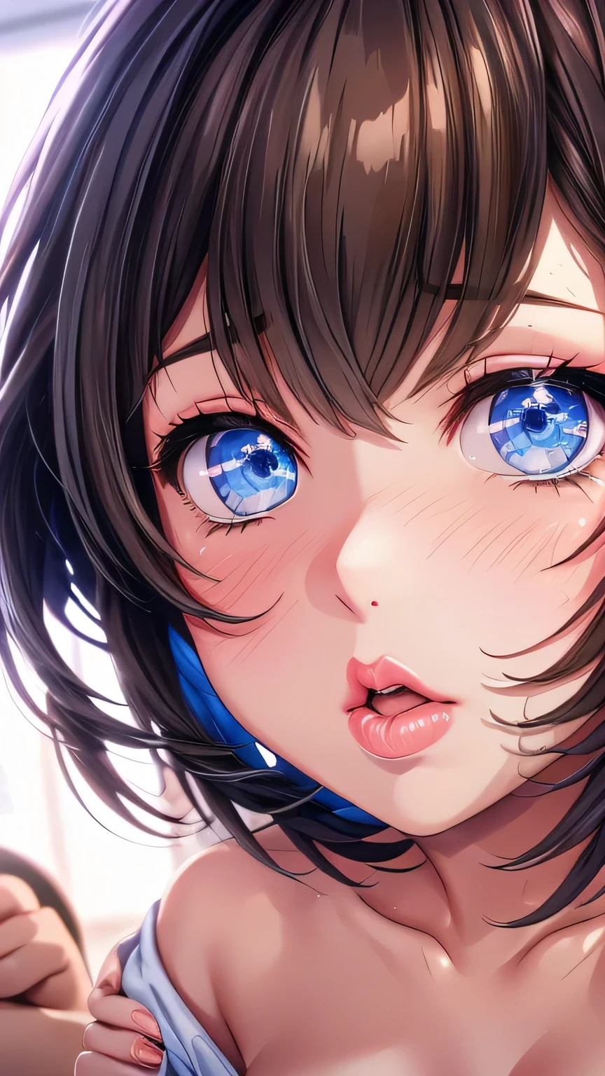 1girl akane_wa_tsumare_somerareru animated animated_gif blue_eyes blush brown_hair buchukisu face_focus french_kiss incoming_kiss kiss kiss_focus licking licking_screen lipstick makeup mouth_focus nanao_akane pink_lips pov pov_focus solo thick_lips tongue