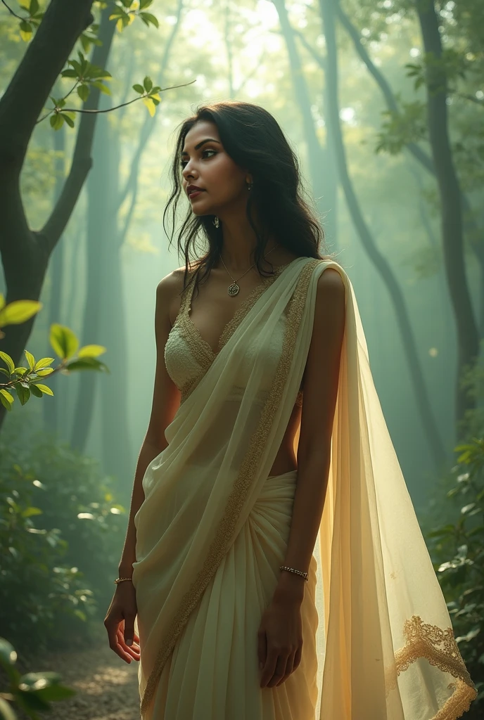 photo of anamr, wearing a see through saree (full body), no blouse, thick mossy forest, outdoors, golden hour, subsurface scattering, photorealistic, hyperdetailed, analog style, soft lighting, realistic, heavy shadow, masterpiece, best quality, ultra realistic, 8k, golden ratio, Intricate, high Detail, film photography, soft focus <lora:AnaDeArmasV2Dogu:1>