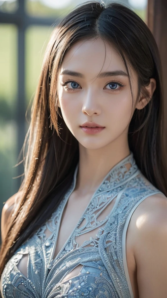 (Girl in a semi-transparent one-shoulder white miniskirt dress), (フォトRealistic:1.4), (ハイパーRealistic:1.4), (Realistic:1.3), (Smooth lighting:1.05), (Cinematic Lighting Quality Improvements:0.9),. 32K, 1 Girl,20 year old girl, Realistic lighting, Backlight, Face light, Ray tracing, (Brightening light:1. 2), (Image quality improvement:1.4), (Highest quality realistic textured skin:1. 4),(Big Blue Eyes), Detailed drawn eyes、Detailed painted face、Fine textured eyes、(tired、sleepy、satisfaction:0.0)、A shirt that shows off a lot of cleavage、(Accentuates the body line:1.1)、(Beautiful textured skin:1.1)、(Red petals are flying)、（Black lace panties are visible)、Slim long legs、