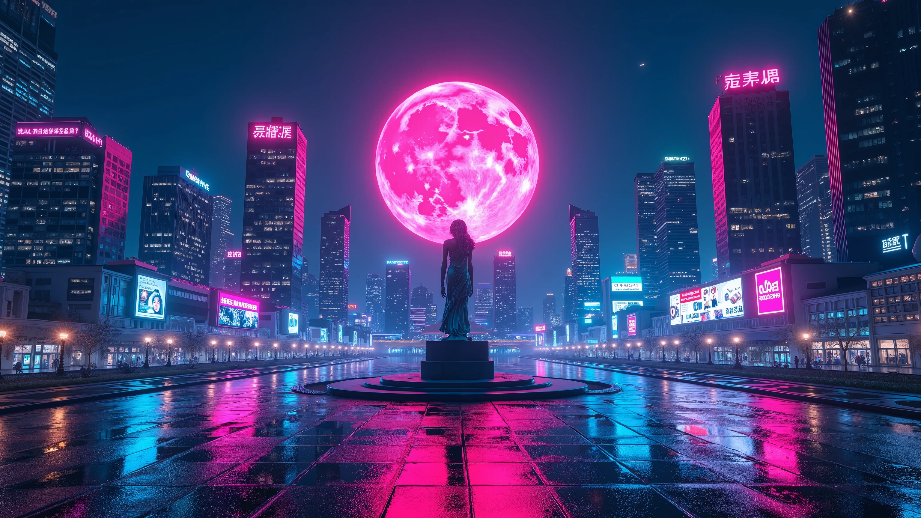 Night after the rain、a group of retro-futuristic skyscrapers。 the wet asphalt reflects gradient pink and cyan neon lights。In the center of the square,、parts of it are missing due to glitches、a female figure in a classical pose sheds pink light like tears。neon is reflected on their surfaces。a giant floppy disk-shaped moon。the outlines of buildings and signs are occasionally visible、the sky is distorted like a VHS tracking error。