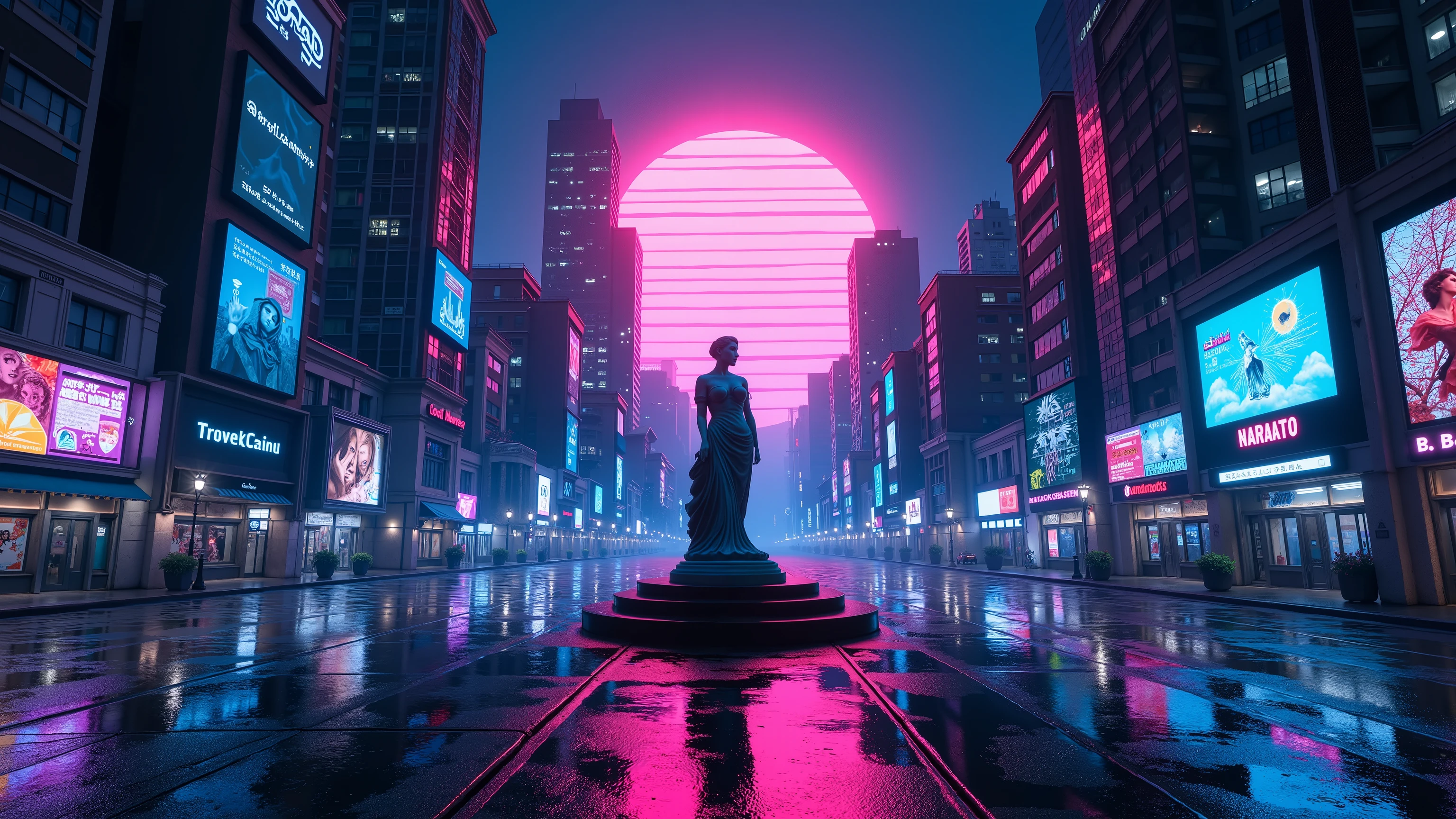 Night after the rain、a group of retro-futuristic skyscrapers。 the wet asphalt reflects gradient pink and cyan neon lights。In the center of the square,、parts of it are missing due to glitches、a female figure in a classical pose sheds pink light like tears。neon is reflected on their surfaces。a giant floppy disk-shaped moon。the outlines of buildings and signs are occasionally visible、the sky is distorted like a VHS tracking error。