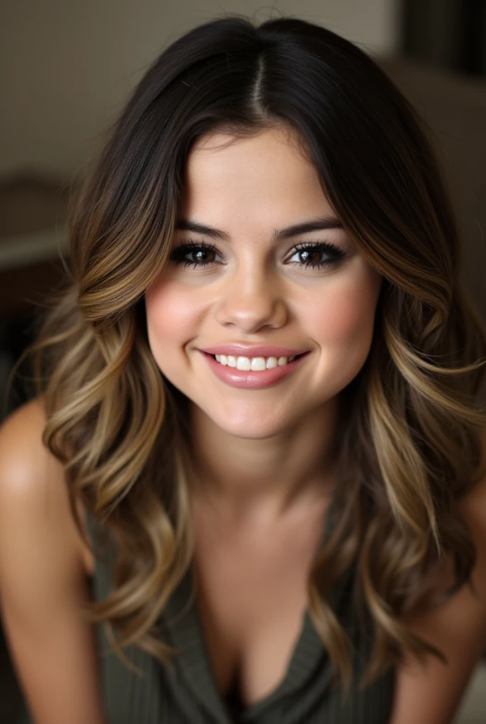 closeup picture, best quality, a sexy 35yo woman, photo of beautiful MK<lora:MK:1.0>, looking at viewer, smile, open mouth, brown hair, black hair, bare shoulders, brown eyes, parted lips, teeth, lips, portrait, realistic