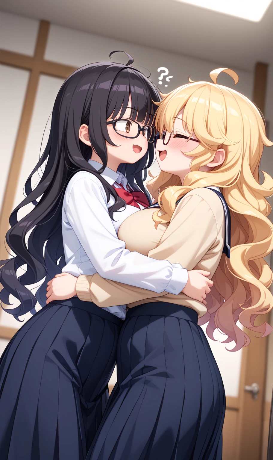 2heads, a tall chubby woman with 2 heads. She has enormous breasts. She is wearing business attire. The is topless, bare breasts. She is in an executive office. Titfuck, POV paizuri. She has enormous fat breasts. She looks nerdy. Large circular glasses. She is smiling wide. She looks drunk. She has messy hair. She has giant hard nipples. She has gigantic fat breasts. She is very tall and thin. She looks young. Huge lips, giant perky lips. Blushing, aroused. Drunk, intoxicated. Titfuck, penis between breasts, covered in semen.
