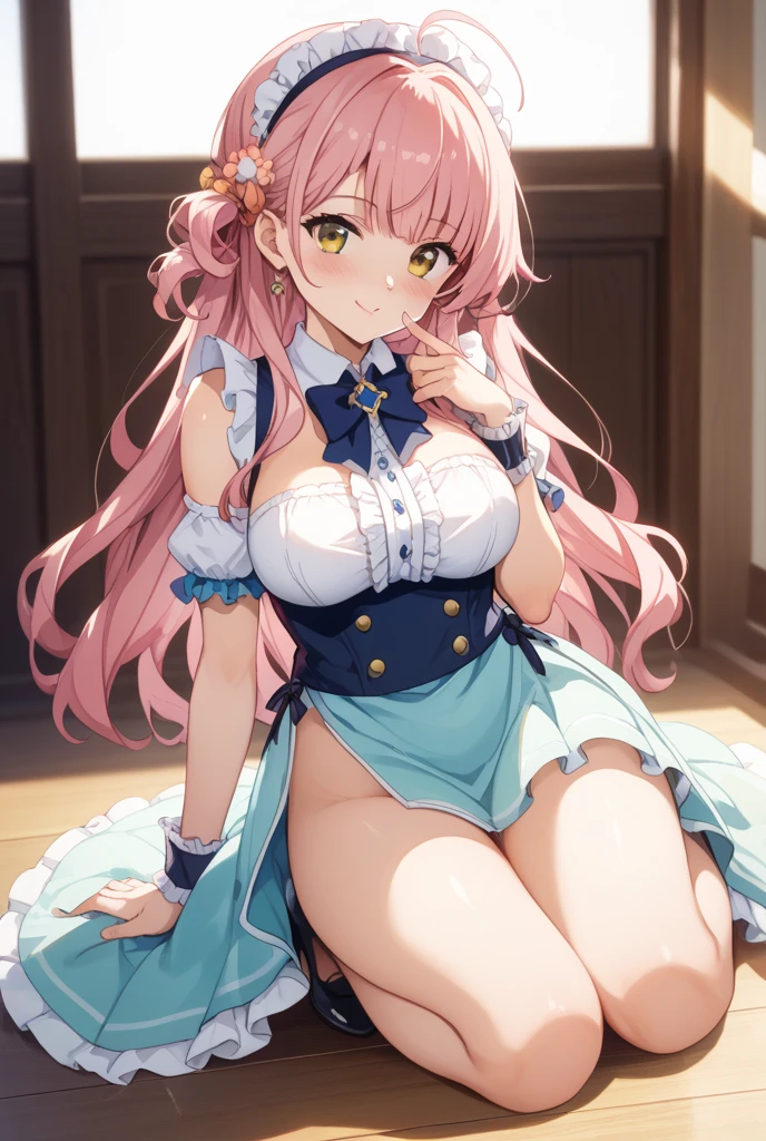 shinny skin, BREAK, ((alice in the wonderland:1.3, cute, kawaii, lovely, funny, a girl falling down from sky:1.3, girl flying in sky:1.4, girl floating in air:1.5, rolling upskirt by wind:1.6, (with sparkling eyes and a contagious smile),open mouth, Looking at Viewer, surprised, putting hands on crotch over the skirts:1.6)), BREAK, ((floating things as follows:1.3, PlayingCards, Trump, tea cup, tea pot, tea spoons, pocket watch:1.3, lip sticks, candies:1.2, cookies, jam bottles, classical door_keys)), ((long purply_Blue dress :1.5, wearing long flaired skirt:1.3, the skirt is blowing:1.3, cute pink Apron, black stocking:1.2,garter stocking, cleavage:1.2, midriff, black shorts, black thighhighs, thigh strap, medium long platinum-blonde hair:1.2, twin tail hair:1.6, tied hair with a large ribbon), (Blue eyes, bright pupils with highlights, detailed eyes),
