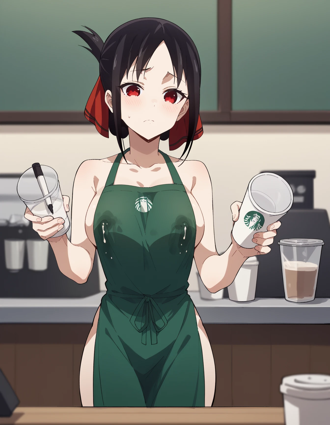 detailed, (masterpiece:1.2), (pale_skin:1.2), (solo:1.2), (female), slender, (glowing_eyes), smile, bangs, black hair, thighhighs, hair between eyes, brown eyes, sitting, sweat, parted lips, glasses, black thighhighs, indoors, armpits, hair bun, apron, arms up, cup, sideboob, single hair bun, arms behind head, mug, round eyewear, lamp, lace-trimmed legwear, naked apron, cafe, green apron