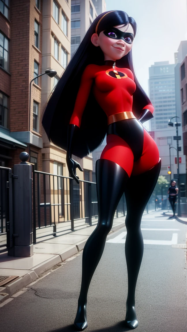 big city, tall city skyline, smog, rain, fog low to the ground, girl on top of a building, girl looks heroic while standing on the edge, girl in a tight red bodysuit, with black high heals on,