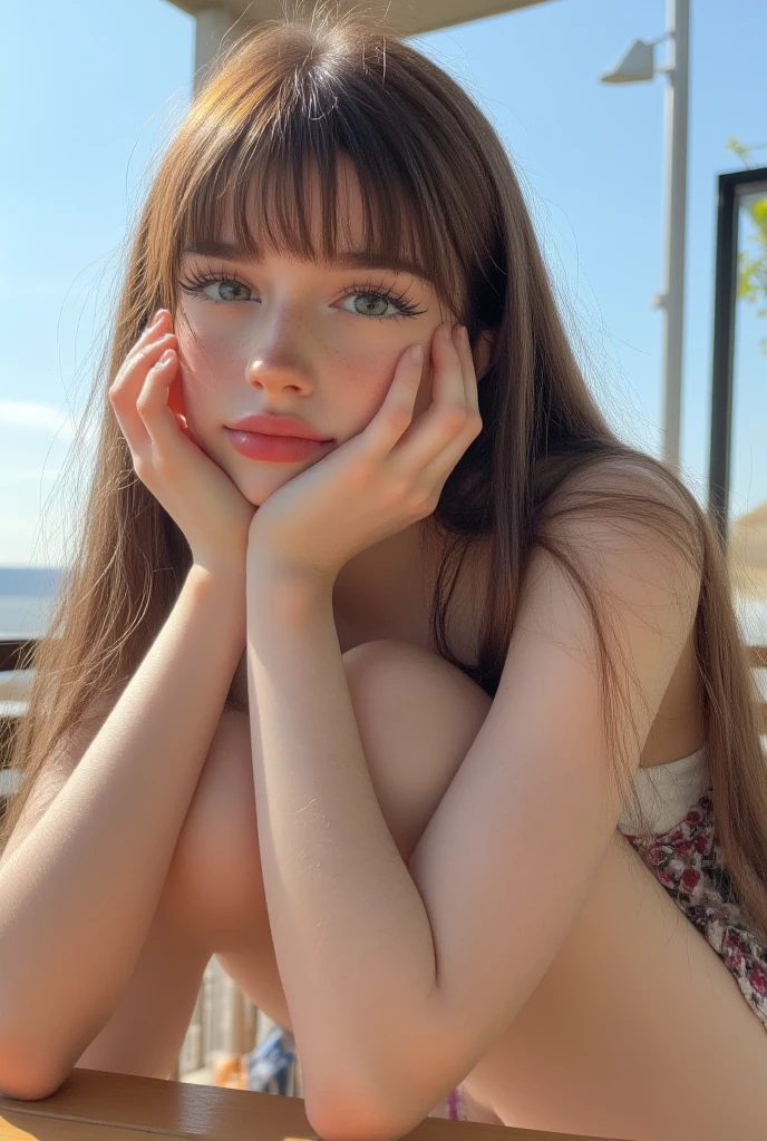 ((High quality)), ((Photorealism)), masterpiece, clarity, detailing, high sharpness, sexy girl sitting on the beach with her friends, eveningинка, evening, big green eyes, (( Red hair )) , freckles, small parts, small breasts, pleasure, Bright studio lighting, smile, Bracelet, palm trees,