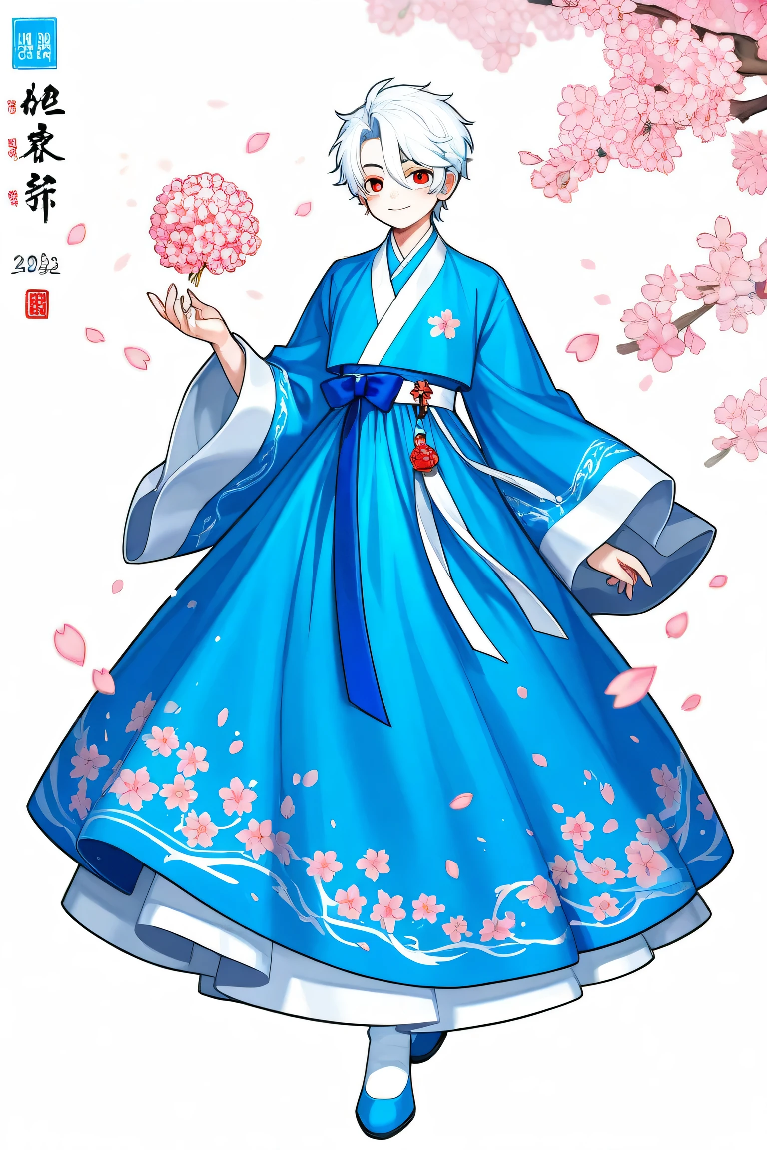 white hair, Blue hanbok, Oriental male character, Cherry blossom personification