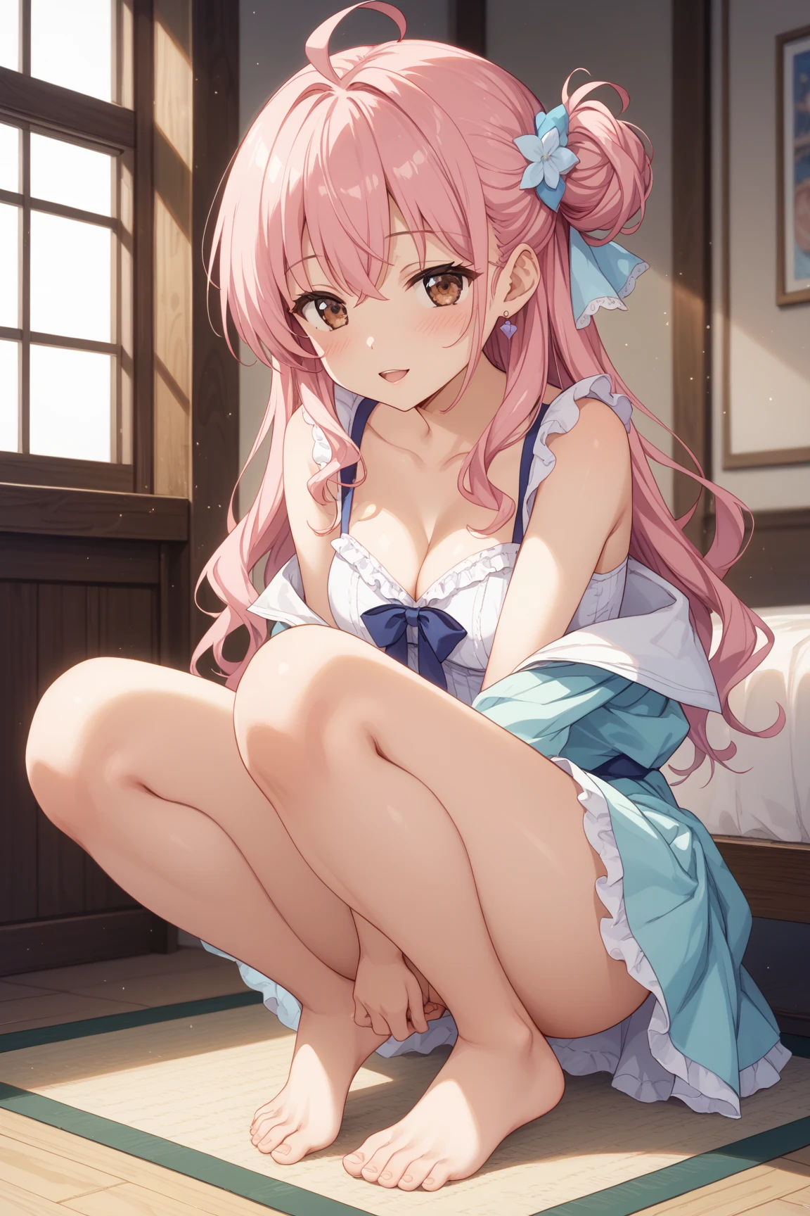 there is a woman Sitting on the bed with her legs crossed, Yoshitomo Nara, Real young gravure idol, Young Sensual Gravure Idol, Sit on the bed, Japanese Model, A sophisticated gravure idol, Japanese Goddess, Sitting on the bed, Beautiful face with arms and legs, Young and cute gravure idol, Sit on the edge of the bed