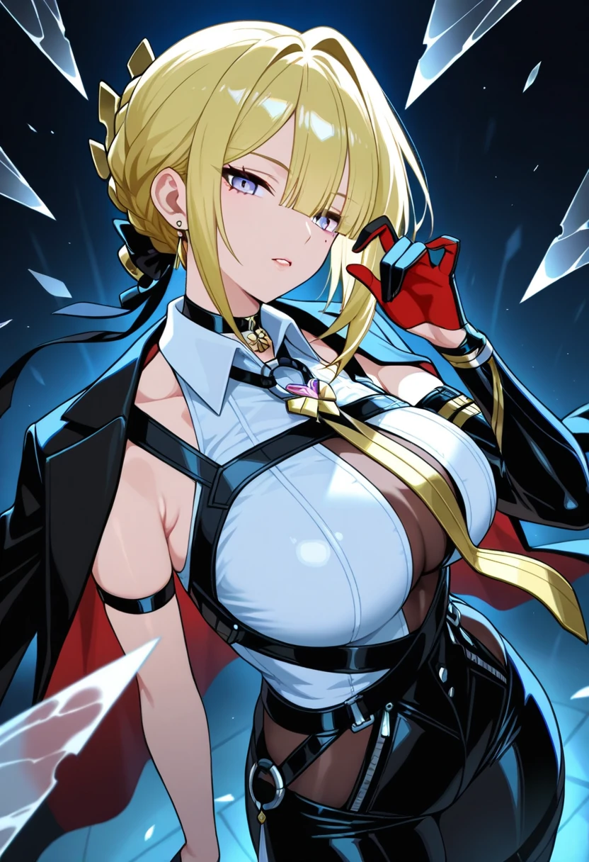 yor briar, anime style beutiful woman, 1girl,full body, happy, smile, red face, closed mouth, beautiful detailed eyes, super detailed skin, backlighting, bare shoulders, black background, black dress, black gloves, black hair, breasts, dress, earrings, fingerless gloves, floating hair, floral print, flower, gloves, gold earrings, gold hairband, hair flower, hair ornament, hairband, holding, holding weapon, jewelry, large breasts, long hair, looking at viewer, off-shoulder dress, off shoulder,red eyes, short hair with long locks, sidelocks, solo, spikes, thighs, two-sided dress, two-sided fabric, weapon, fighting stance , face, close up, from above, highest quality, high resolution.
