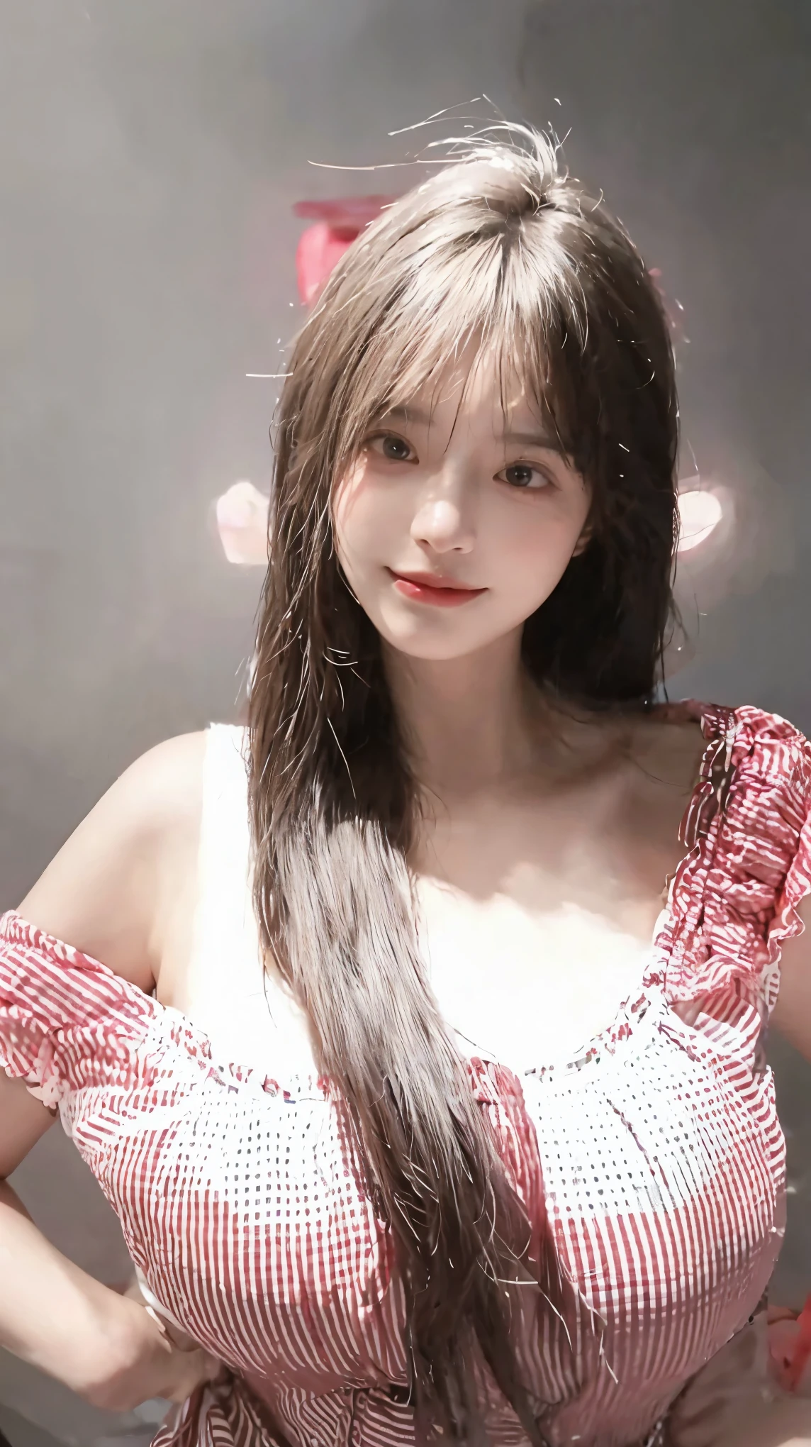 (realistic, A high resolution:1.3), 1 girl with perfect body, Super beautiful face and eyes,long hair, T-shirt in random colors:1.2, short jeans, big breasts,Expose the cleavage