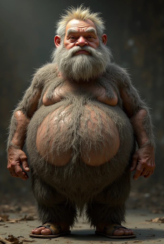 mature man, with white skin, that he has a white mustache and beard and that he is chubby and has body hair.