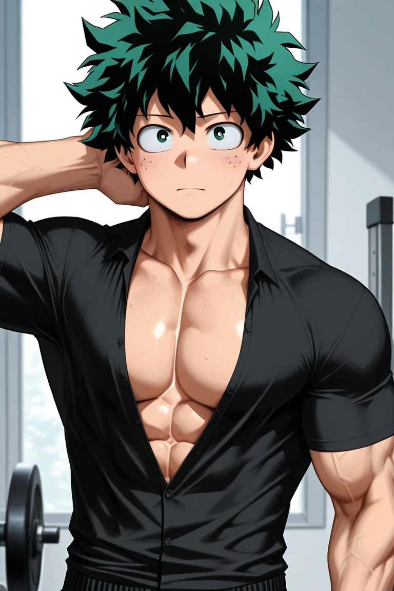 1boy, absurdres, midoriya izuku, bare shoulders, bare chest, shirtless, armpit, (showing armpit:1.3), green hair, green eyes, eyebrows, freckles, furrowed brow, blurry, blurry background, boku no hero academia, curly hair, highres, looking away, male focus, muscular, muscular male, open mouth, red eyes, short hair, spiked hair, sweat, wiping sweat,