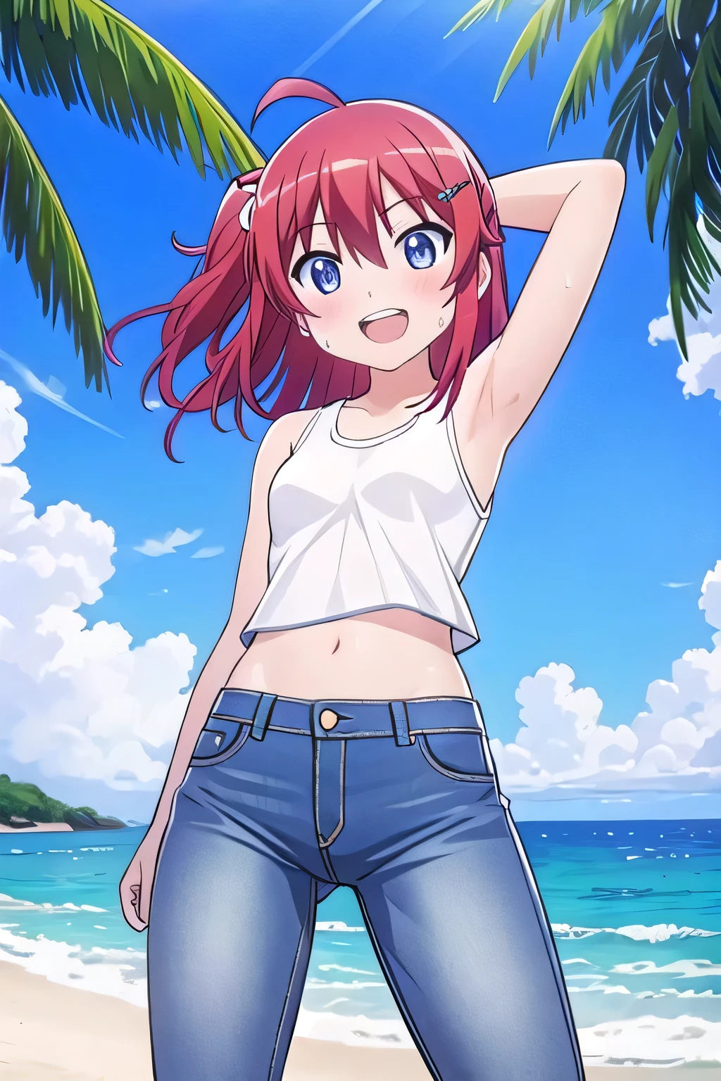 masterpiece, best quality, ultra detail, ((Perfect Face, perfect eyes, perfect hair, perfect arm)), 1girl, o, petite, ((round face, ecstasy, orgasm face, drooping eyes, shame smiling, blush)), dropping eyes, sleepy, Open mouth, ((White teeth)), background((under the beach, (day:1.2), ocean, bright sky)), koshigaya_natsumi_nonnonbiyori, (blue eyes:1.2), (red hair:1.2), ahoge, crossed bangs, hair between eyes, hair ornament, x hair ornament, (medium hair:1.9), (straight hair:1.7), ponytail, ribbon, hair_ribbon, ((arms behind head, hands behind head, fingers behind head)), ((contrapposto)), spread armpits, looking at viewer, (white tank top:1.2), (white crop top:1.2), (jeans pants:1.2, flares jeans:1.2, skinny jeans:1.2, blue jeans:1.2), standing, (legs spread:1.4), sex pose, Sweaty crotch, Steam from the crotch, from below, whole body