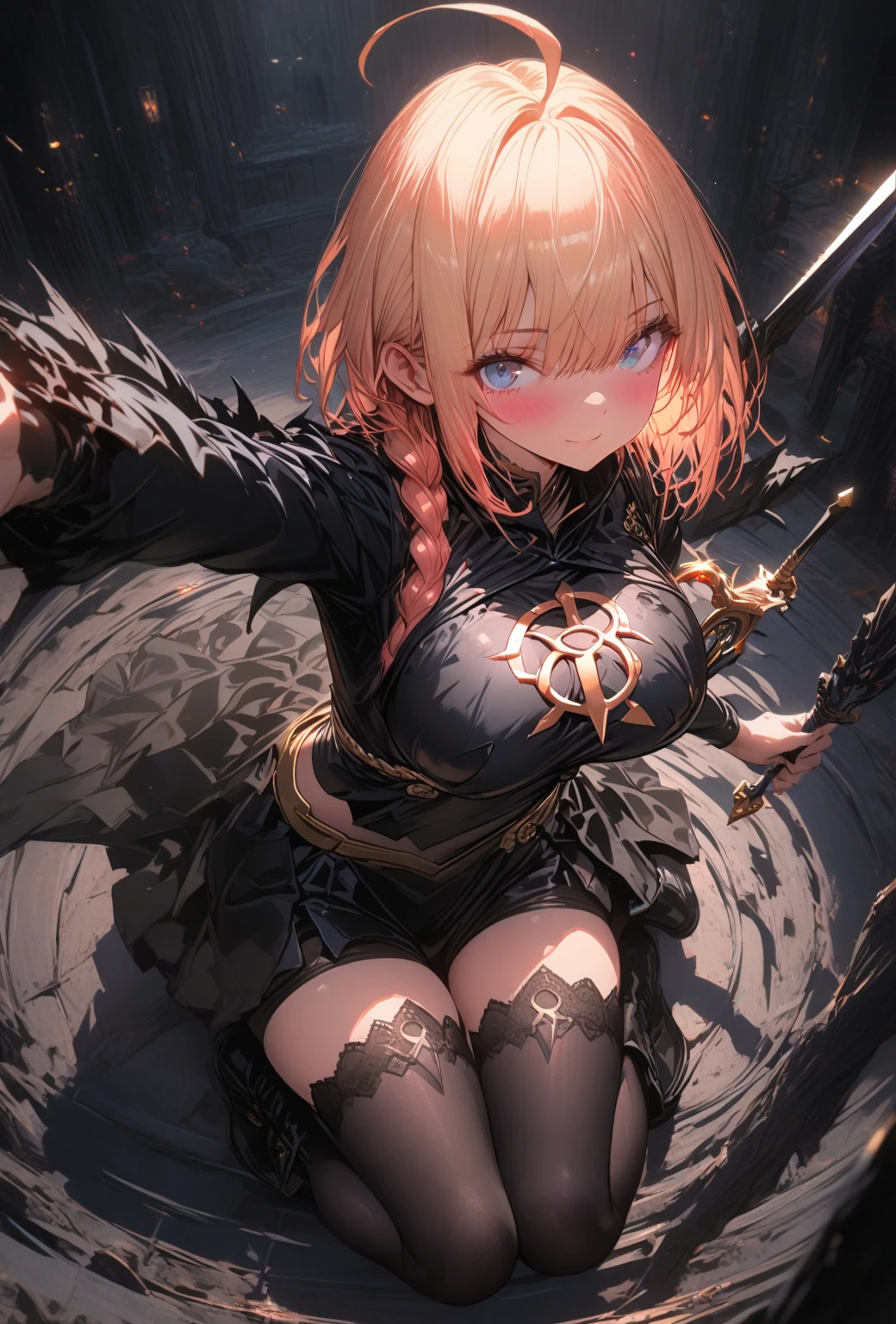 Solo, female, sfw, short blonde hair, extremely tall, large woman, golden eyes, black military uniform, red cape, battlefield, muscular, leather gloves, armor, night, medieval, torn clothes showing skin, defeated, lying on the ground, close up, arms above head, thigh boots, bound hands, wounded