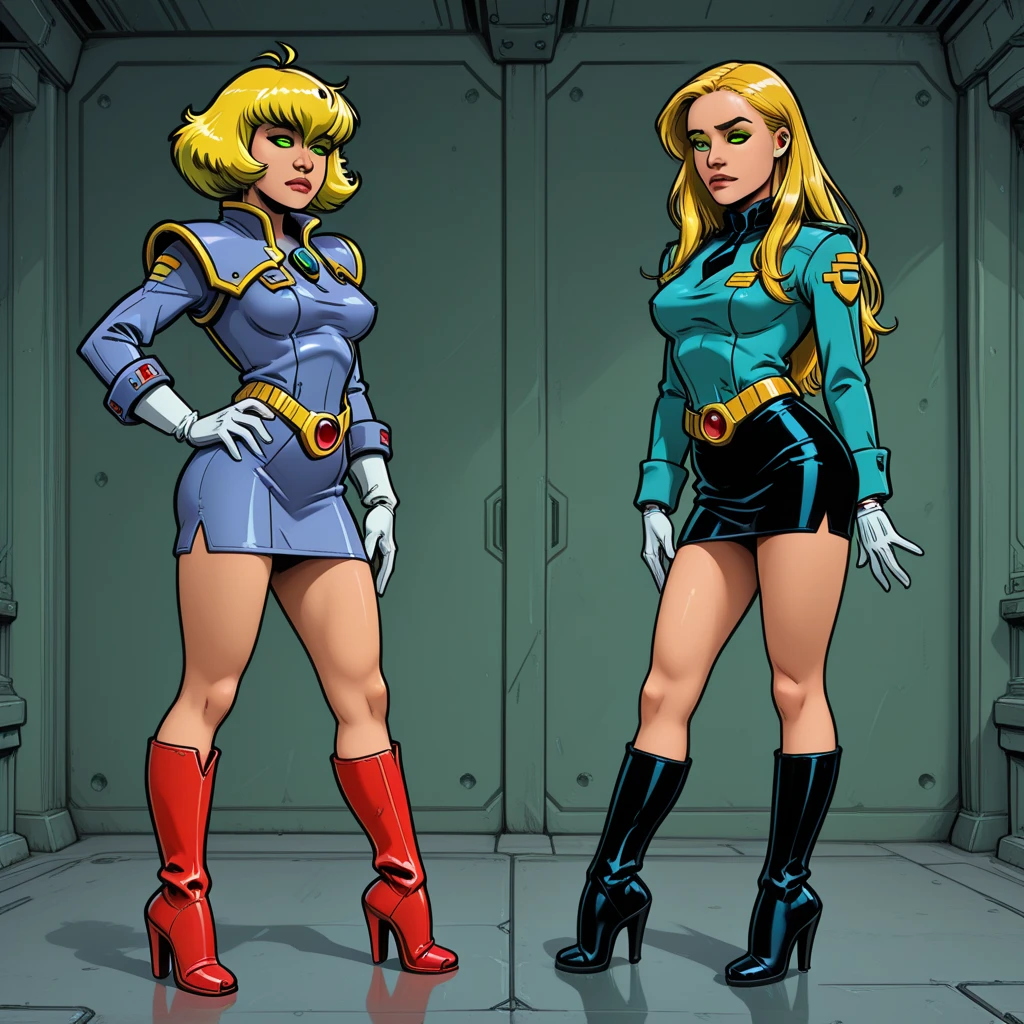 1950s retro comic, scifi, slender hot blonde space girl (realistic proportions), tight jumpsuit, cleavage, she looks at the camera, background: tentacled monster, terrible monster, scary monster