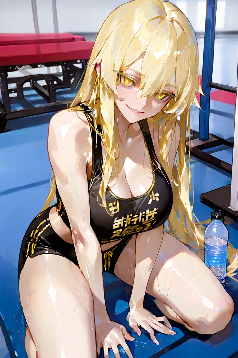 ((masterpiece))、((Top image quality))、((Top image quality))、(Illustration of one woman)、full bodyesbian、((30-years old))、((neuter))、((Blonde twintails))、Light golden eyes、((Long body))、(((Muscular and strong body)))、((Split abs))、((muscular and thick arms))、((muscular and thick legs))、((manspreading))、Opening legs、((Competitive swimsuit))、Sitting on a deck chair、in poolside