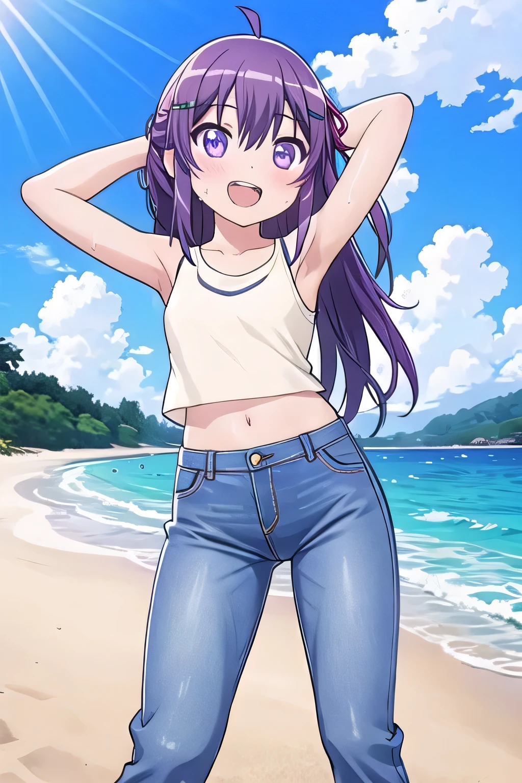 masterpiece, best quality, ultra detail, ((Perfect Face, perfect eyes, perfect hair, perfect arm)), 1girl, o, petite, ((round face, ecstasy, orgasm face, drooping eyes, shame smiling, blush)), dropping eyes, sleepy, Open mouth, ((White teeth)), background((under the beach, (day:1.2), ocean, bright sky)), koshigaya_natsumi_nonnonbiyori, (purple eyes:1.2), (purple hair:1.2), ahoge, crossed bangs, hair between eyes, hair ornament, x hair ornament, (long hair:1.9), (straight hair:1.7), ponytail, ribbon, hair_ribbon, ((arms behind head, hands behind head, fingers behind head)), ((contrapposto)), spread armpits, looking at viewer, (light beige tank top:1.2), (light beige crop top:1.2), (jeans pants:1.2, flares jeans:1.2, skinny jeans:1.2, blue jeans:1.2), standing, (legs spread:1.4), sex pose, Sweaty crotch, Steam from the crotch, from below, whole body