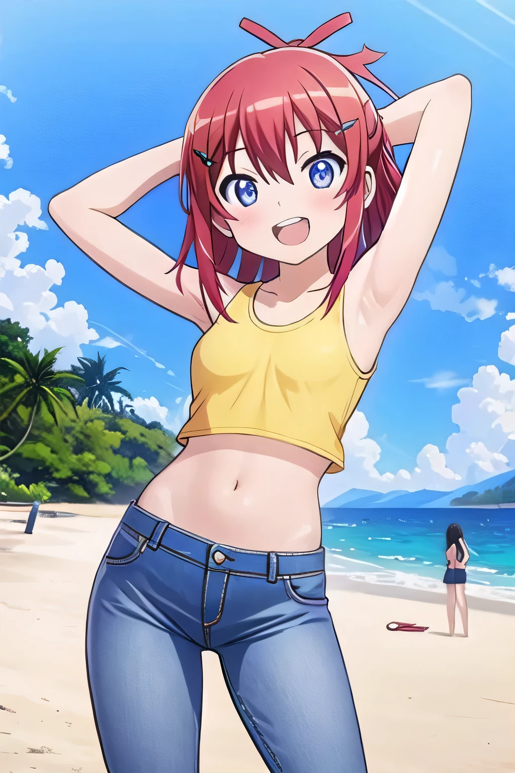masterpiece, best quality, ultra detail, ((Perfect Face, perfect eyes, perfect hair, perfect arm)), 1girl, o, petite, ((round face, ecstasy, orgasm face, drooping eyes, shame smiling, blush)), dropping eyes, sleepy, Open mouth, ((White teeth)), background((under the beach, (day:1.2), ocean, bright sky)), koshigaya_natsumi_nonnonbiyori, (blue eyes:1.2), (red hair:1.2), ahoge, crossed bangs, hair between eyes, hair ornament, x hair ornament, (medium hair:1.9), (straight hair:1.7), ponytail, ribbon, hair_ribbon, ((arms behind head, hands behind head, fingers behind head)), ((contrapposto)), spread armpits, looking at viewer, (yellow tank top:1.4), (yellow crop top:1.4), (jeans pants:1.2, flares jeans:1.2, skinny jeans:1.2, blue jeans:1.2), standing, (legs spread:1.4), sex pose, Sweaty crotch, Steam from the crotch, from below, whole body