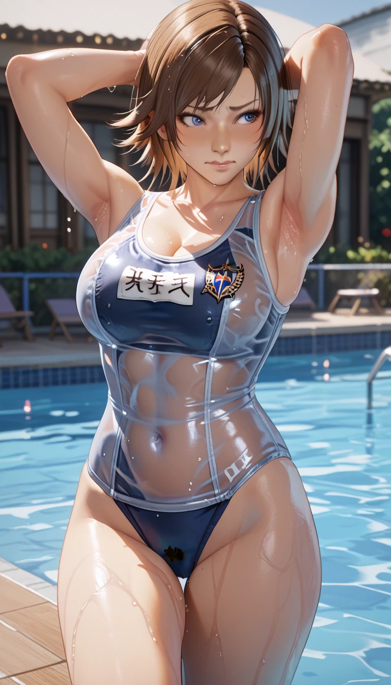 Korean Idol　Mature Woman　Huge 　((A navy blue school swimsuit that is so shiny it reflects light..))　(Round face chubby)　((Plump))　((Blonde Short Hair))　((星空と大きな月が美しい海でSwimming in the sea))　Swimming in the sea　Sweaty　((Sweat pours down))　((My face and body are sweaty and wet.))　((鮮やかな赤いルージュのPlumpとした唇))　((Eyes meet))　Duck mouth　((Watery eyes))　((Beautiful sweaty armpits))　((Slippery, shiny, wet armpits))　Leg spread　((腋を見せてくるMature Woman))　((50 years old))　