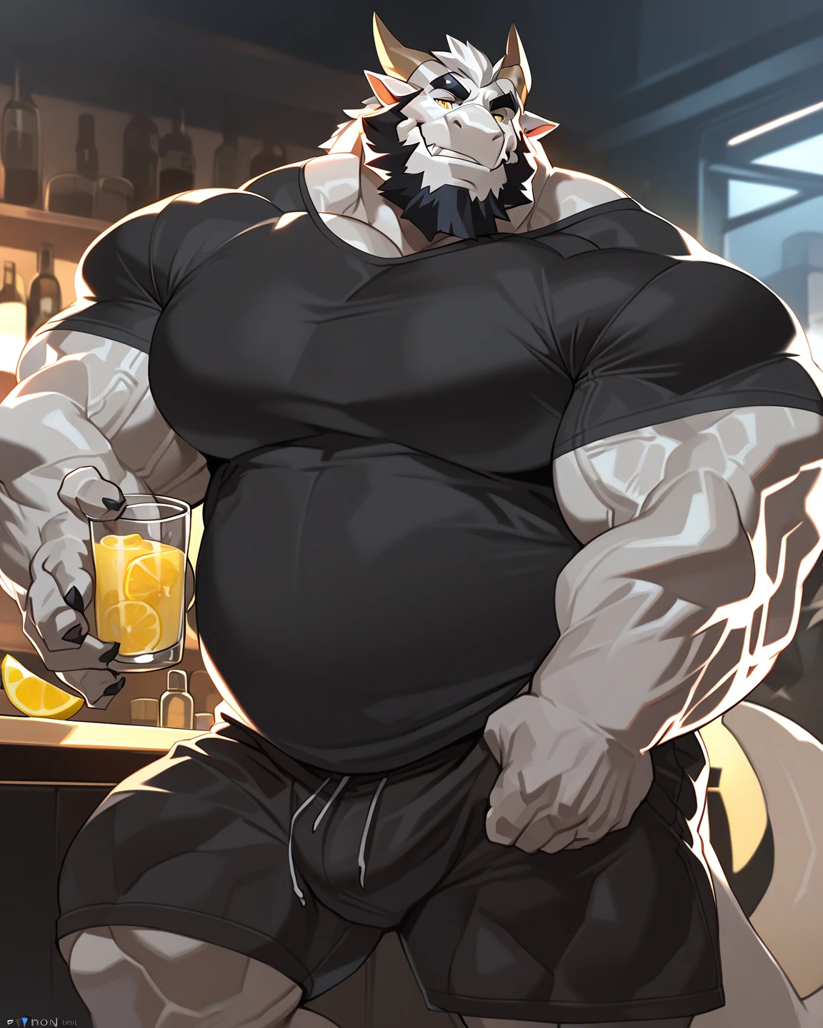 4k, high resolution, best quality, perfect lightning, perfect shadows, solo, anthro, young, boy, wolf, furry body, (fluffy mane:1.2), fluffy tail, male, adult, (bulky2:0, thick muscles, huge muscles, hyper muscles:2.0), (thick biceps, veiny biceps, big broad veiny pecs, broad shoulders:1.1), (thick legs, thick calves:1.1), (digitigrade legs, 4 toes:1.2), (huge bulge2:0, hyper bulge:2.0), perfect colors, (photorealistic fur, detailed fur, epic, masterpiece), (suggestive posing:1.2), (seductive smile, lustful grin 1.3), detailed modern bar, (black leather jacket, open jacket, tie, black shorts), detailed wolf eyes, by k0suna, by darkgem,nipple ring,big pecs2:0