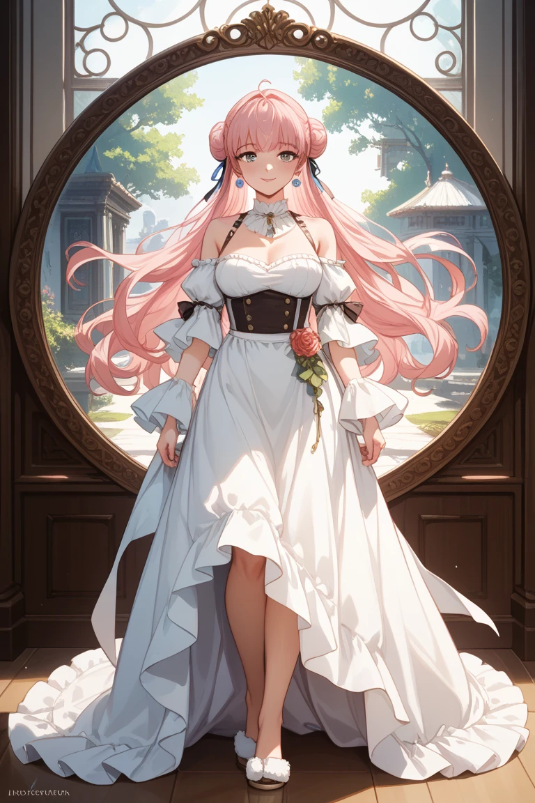 beautiful adult women elf, long pink hair and blue streaks hair, green eyes, with flower crown, puffy ball gown dress. elegant, full body