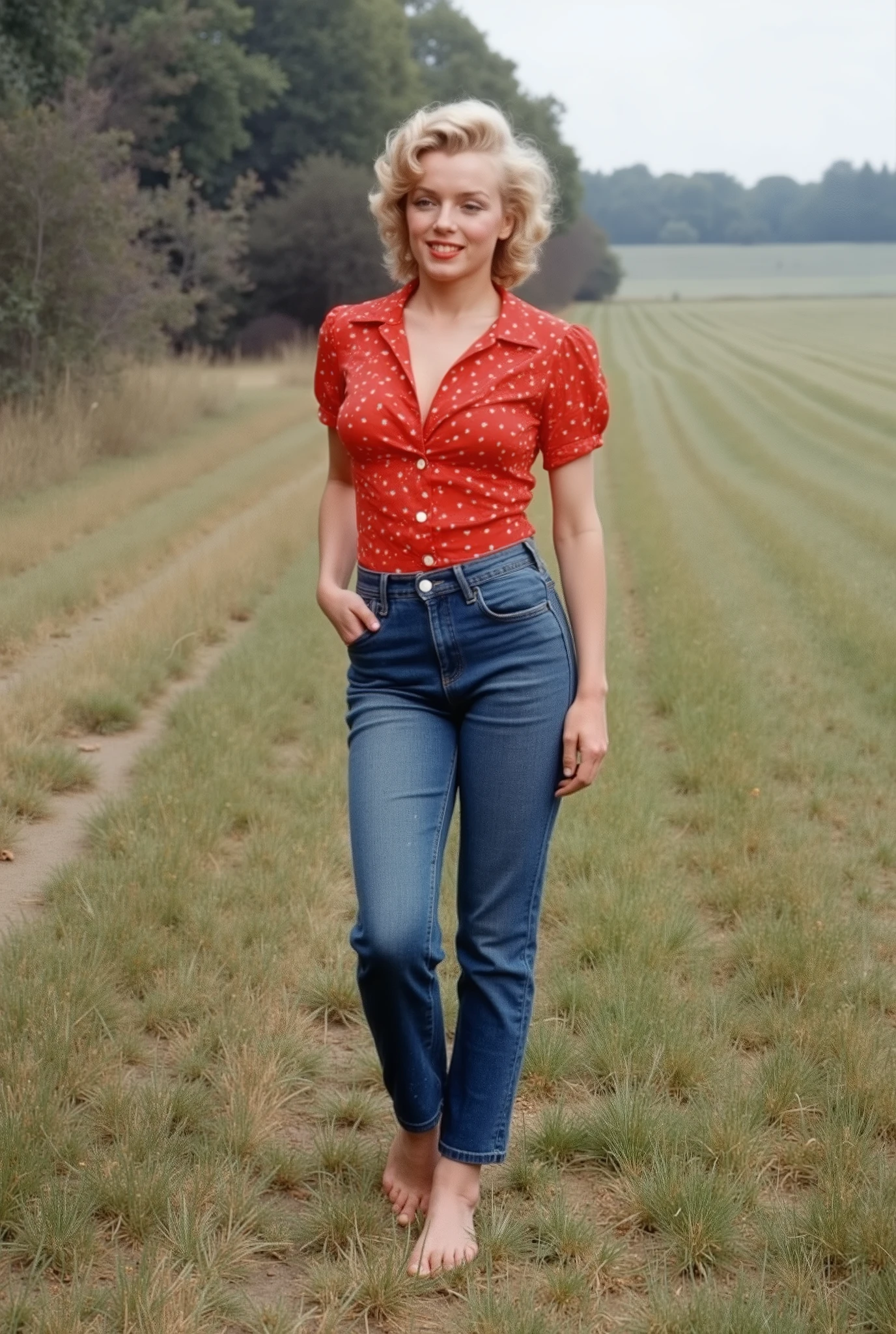 Color photography style, 1950s, 19-year-old Marilyn Monroe in retro fashion, Pin-up style, full body photo, wears jeans and red blouse with small flowers. Body up to bare feet. nice feet. representation of rural life , Light gray and light brown and red and white and blue, in the style of American classicism , multicolored, Playful innocence, dotted. masterpiece of art . Exacta a Marilyn monroe. She is Marilyn Monroe , But when it was Norma Jean. very realistic.