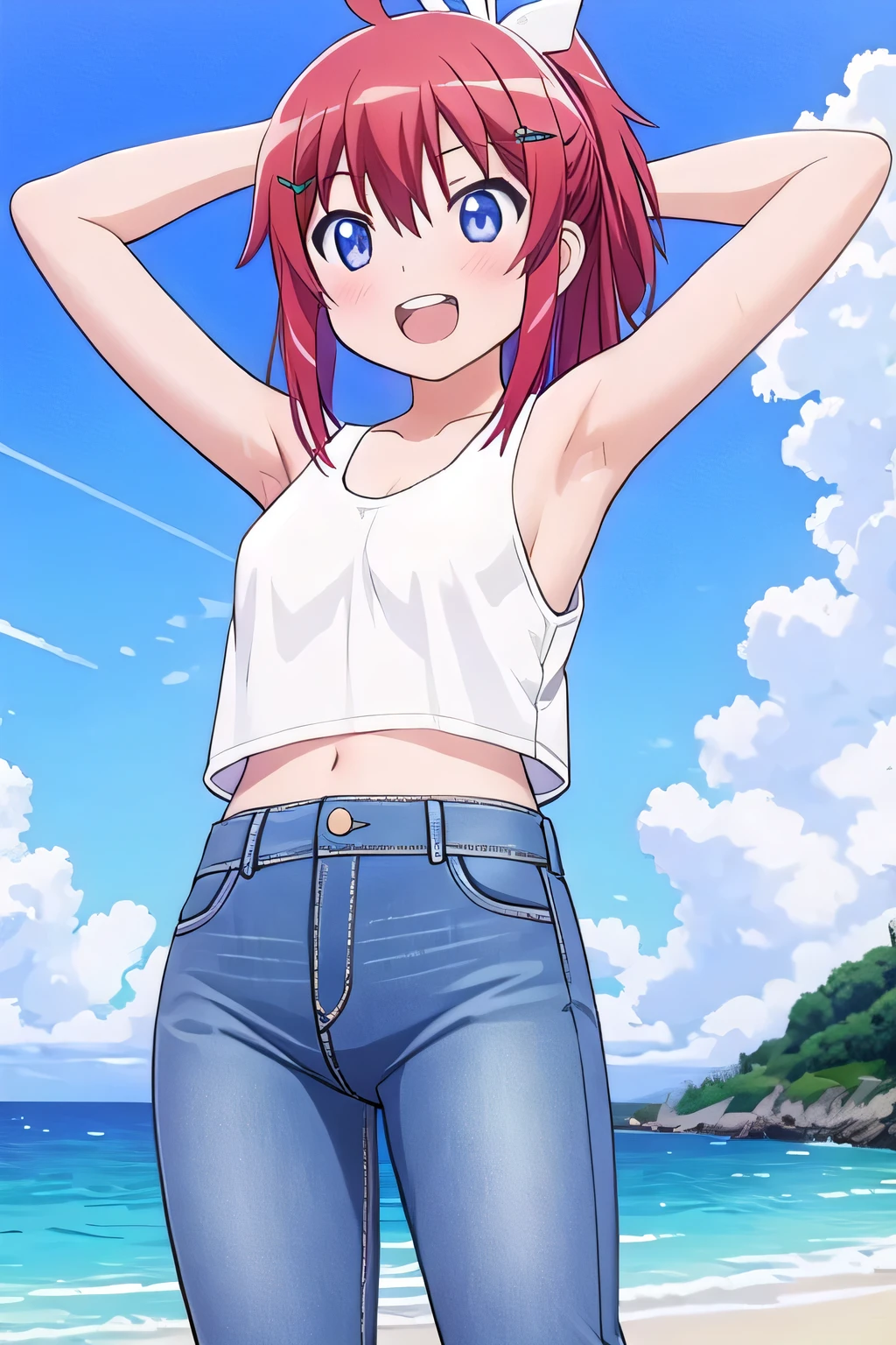 masterpiece, best quality, ultra detail, ((Perfect Face, perfect eyes, perfect hair, perfect arm)), 1girl, o, petite, ((round face, ecstasy, orgasm face, drooping eyes, shame smiling, blush)), dropping eyes, sleepy, Open mouth, ((White teeth)), background((under the beach, (day:1.2), ocean, bright sky)), koshigaya_natsumi_nonnonbiyori, (blue eyes:1.2), (red hair:1.2), ahoge, crossed bangs, hair between eyes, hair ornament, x hair ornament, (medium hair:1.9), (straight hair:1.7), ponytail, ribbon, hair_ribbon, ((arms behind head, hands behind head, fingers behind head)), ((contrapposto)), spread armpits, looking at viewer, (white tank top:1.2), (white crop top:1.2), (jeans pants:1.2, flares jeans:1.2, skinny jeans:1.2, blue jeans:1.2), standing, (legs spread:1.4), sex pose, Sweaty crotch, Steam from the crotch, from below, whole body