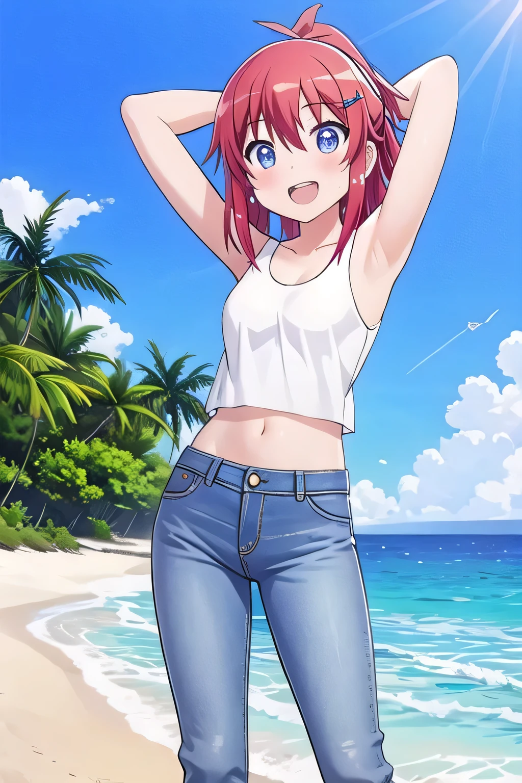 masterpiece, best quality, ultra detail, ((Perfect Face, perfect eyes, perfect hair, perfect arm)), 1girl, o, petite, ((round face, ecstasy, orgasm face, drooping eyes, shame smiling, blush)), dropping eyes, sleepy, Open mouth, ((White teeth)), background((under the beach, (day:1.2), ocean, bright sky)), koshigaya_natsumi_nonnonbiyori, (blue eyes:1.2), (red hair:1.2), ahoge, crossed bangs, hair between eyes, hair ornament, x hair ornament, (medium hair:1.9), (straight hair:1.7), ponytail, ribbon, hair_ribbon, ((arms behind head, hands behind head, fingers behind head)), ((contrapposto)), spread armpits, looking at viewer, (white tank top:1.2), (white crop top:1.2), (jeans pants:1.2, flares jeans:1.2, skinny jeans:1.2, blue jeans:1.2), standing, (legs spread:1.4), sex pose, Sweaty crotch, Steam from the crotch, from below, whole body