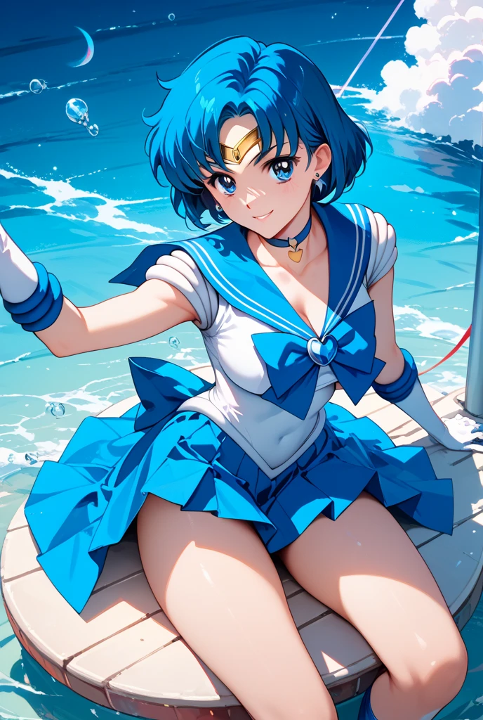 Sailor Mercury　Full limbs　complete fingers　Transformation heroine of justice　Enameled White Leotard　Enamel Blue Boots　Wrinkled boots　Enamel White Gloves　Enamel Blue Mini Skirt　Neat and clean image　Enamel Blue Choker　Gold decoration　Costumes with fancy decorations　justice　poneyTail　semi long hair　hair adornments　Crying expression　Opening Mouth　Squinting eyes　Jockey Boots　thrust out one's hip　Open your legs　　Poop sitting　Full body painting　Put your hand on your crotch　Underarm is visible　Long boots below the knee　Raw feet　Soaking a large amount of white slime 　The body is covered with white slime　Open your crotch　bend knee　お漏らし　(peeing self:1.5) (((Yellow water flowing from the crotch))) 　full of sweat　Leotards are wet and skin visible　sodden　In a dark cave　The surroundings are full of white slime, Turbid liquid　　Pool full of white slime　White slime drips from above