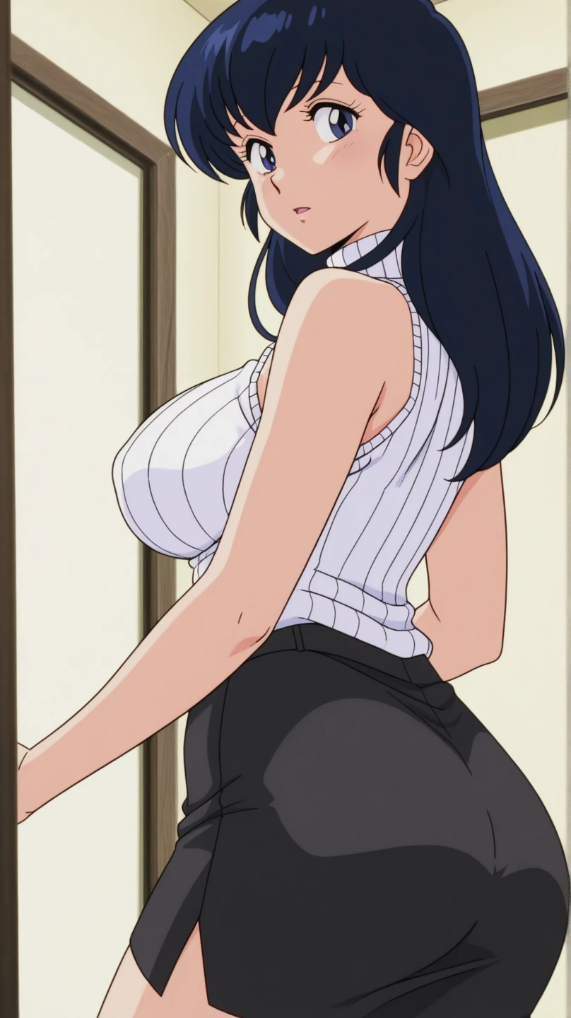 (Best quality, 8k, high resolution, masterpiece:1.2), Ultra detailed, Anime art style, Fine details, Dynamic angles, Black Hair,20s women's style, mature women, glamour,Beautiful character design, Perfect eyes, Perfect face, Expressive eyes, Perfect balance, (smile,shirt,Pants,Kitchen),(Show buttocks:1.3), Looking at viewer, In the center of the image, Cowboy shot,