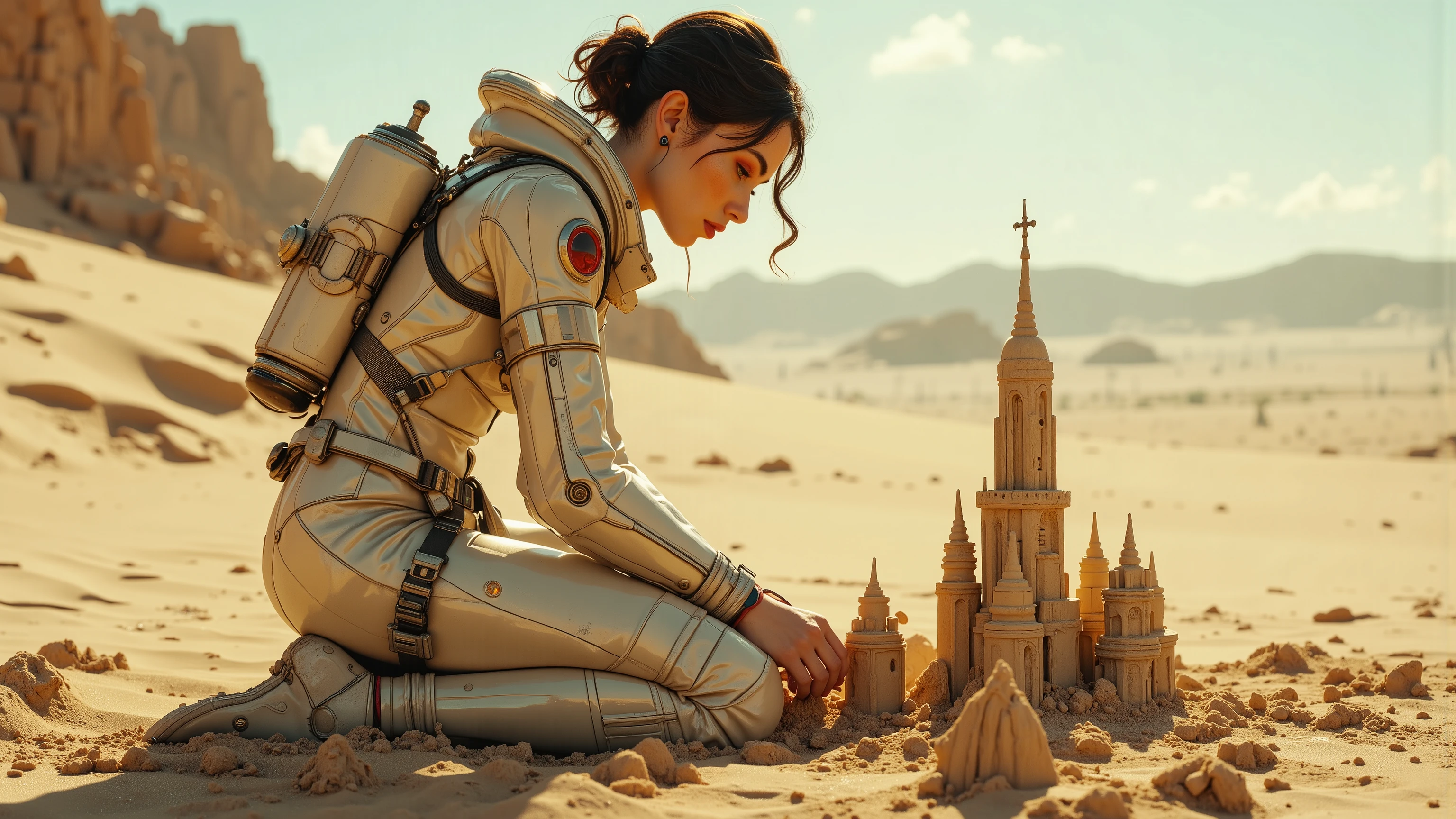 Render a stunning mid-shot of a serene young woman in a futuristic space suit, kneeling on a sandy planet as she crafts intricate sandcastles with focused intensity. Framed against the vast, desolate landscape, soft, diffused lighting accentuates her suit's details and the castle's delicate features. The composition centers on her hands, showcasing the precision of her craft. Her skin, a masterpiece of photorealism, exhibits extremely detailed pores, a perfect face, and luscious lips. Ray tracing and UHD/HDR technology bring this 16K image to life, reminiscent of a DSLR's exceptional quality. A true work of art, worthy of awards.