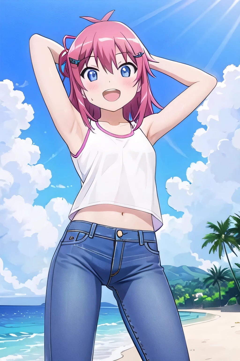 masterpiece, best quality, ultra detail, ((Perfect Face, perfect eyes, perfect hair, perfect arm)), 1girl, o, petite, ((round face, ecstasy, orgasm face, drooping eyes, shame smiling, blush)), dropping eyes, sleepy, Open mouth, ((White teeth)), background((under the beach, (day:1.2), ocean, bright sky)), koshigaya_natsumi_nonnonbiyori, (blue eyes:1.2), (pink hair:1.2), ahoge, crossed bangs, hair between eyes, hair ornament, x hair ornament, (medium hair:1.9), (straight hair:1.7), ponytail, ribbon, hair_ribbon, ((arms behind head, hands behind head, fingers behind head)), ((contrapposto)), spread armpits, looking at viewer, (white tank top:1.2), (white crop top:1.2), (jeans pants:1.2, flares jeans:1.2, skinny jeans:1.2, blue jeans:1.2), standing, (legs spread:1.4), sex pose, Sweaty crotch, Steam from the crotch, from below, whole body
