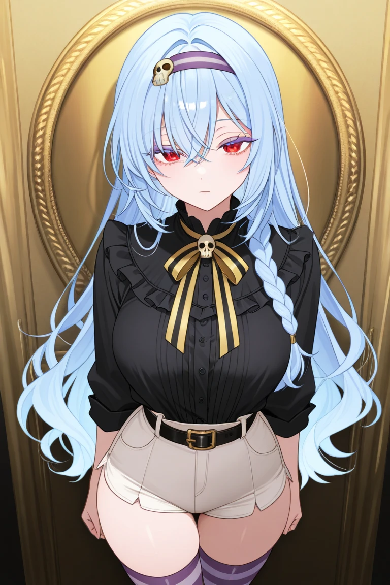 ((masterpiece)) best quality, 8k, high quality, high resolution, super detailed, ultra-detailed, photorealistic, beautiful and finely detailed face and eyes, ultra-detailed and detailed skin texture, masterpiece, best quality shadows, clean lines, realistic looks, best generation, smooth color transitions,life-like portrayal, young woman with Silver-white hair, red eyes, with a formal blouse or shirt, crafted in hues of blue and white, grey blazer, white and blue skirt, blood Red eyes, beautiful straight white hair, human, straight hair, not embarrassed, cold look, full body, female human, red eyes, white hair, straight hair, Academy uniform, school setting, tassel embroidered blouse 