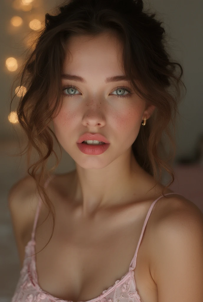 NSFW, GinaBanini, tight clothes, (((ultra realistic))) Photo, masterpiece, top quality, (pale skin), (Ultra detailed face and eyes:1.3), 1 girl, Adult, in a T-shirt, full body, (Eye makeup, mascara) , ((large detailed lips)), ((ash wavy hair)), ((Chyolka)) , (Natural breasts), Slim waist. ((Posing)), photoshoot, studio (soft lighting), (The play of light and shadows), depth of field, bokeh, (special attention to skin detail: 1.2), Detailed leather texture, skin pores. (Airy atmosphere of the frame. Color range - delicate, Bright, white, Pink tones), UDR, ((Film grain)), ((rays)), ((glare of the sun)), ((waist up portrait, close to the camera)) , ultra detialed, nude, full body shot