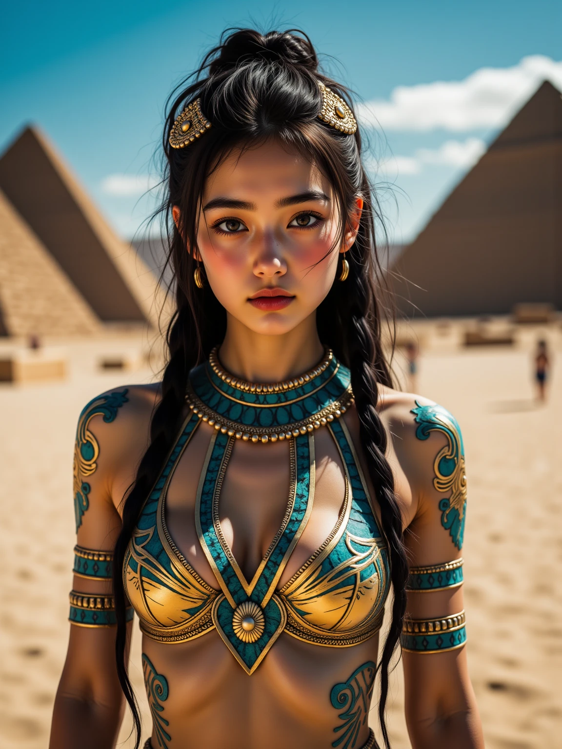 best quality, masterpiece, photo realistic, intricate details, raw photo, photon rendering, octane render, absurdres, ultra detailed, detailed face, detailed skin, trending on artstation, 8k masterpiece, cinematic lighting, ( (1girl)),((solo)),((looking_at_viewer)),trending on cg society,plasticien,((black long hair)),((beautiful woman)),(Smile),sexy lingerie, lingerie, underwear, bra,((Egyptian pyramid)),((sexy)),wind blowing hair, ((flowing hair)),happy,fashion magazine,