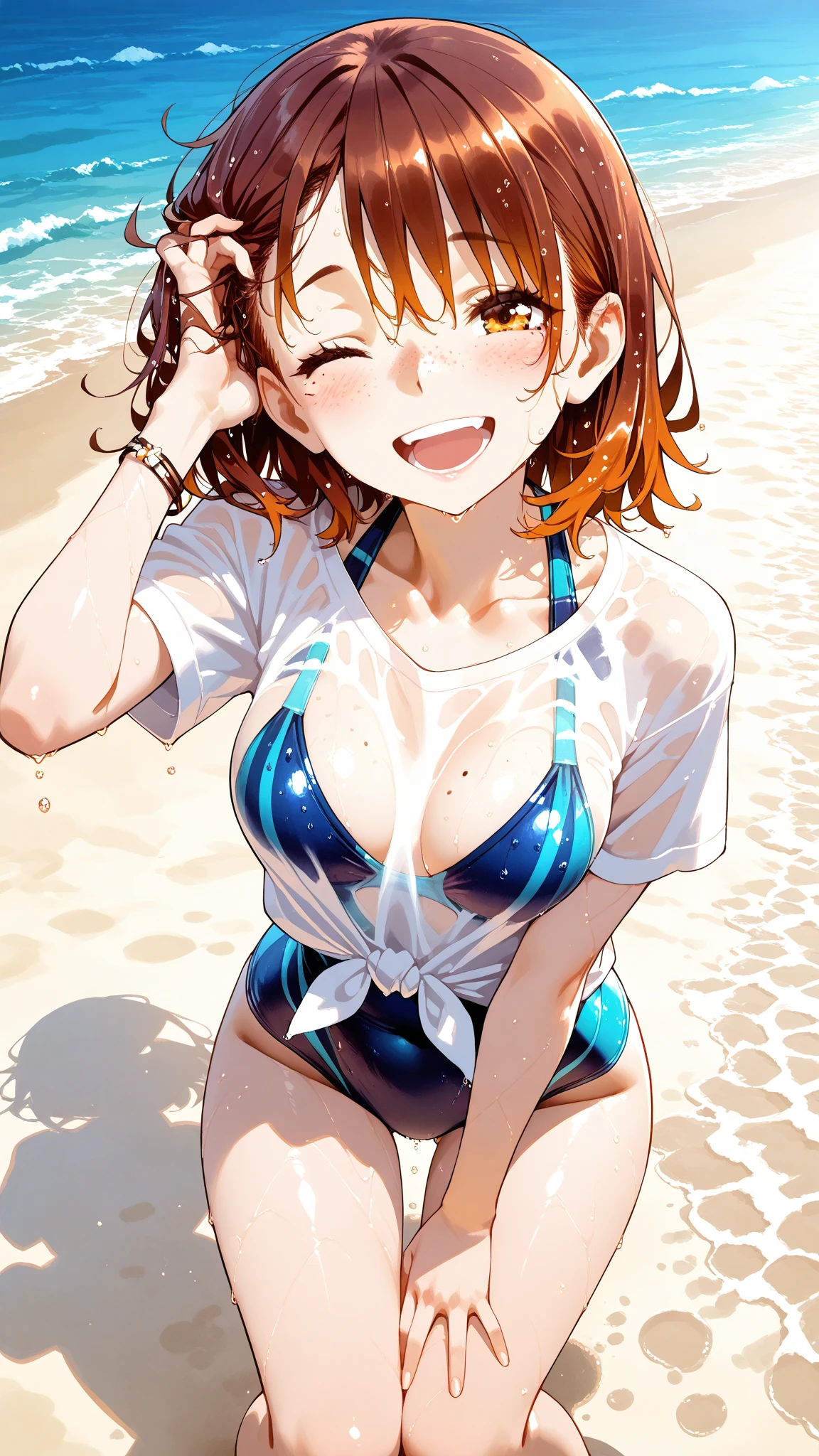 Ochako uraraka, pecho muy grandes anime girl in bikini with big boobies on the beach, an anime drawing by Kamagurka, pixiv, shin hanga, oppai, oppai proportions, nami from one piece, nami, realistic bikini, nami one piece, beautiful portrait of nami, swimsuit, smooth anime cg art, is wearing a swimsuit, makoto shinka