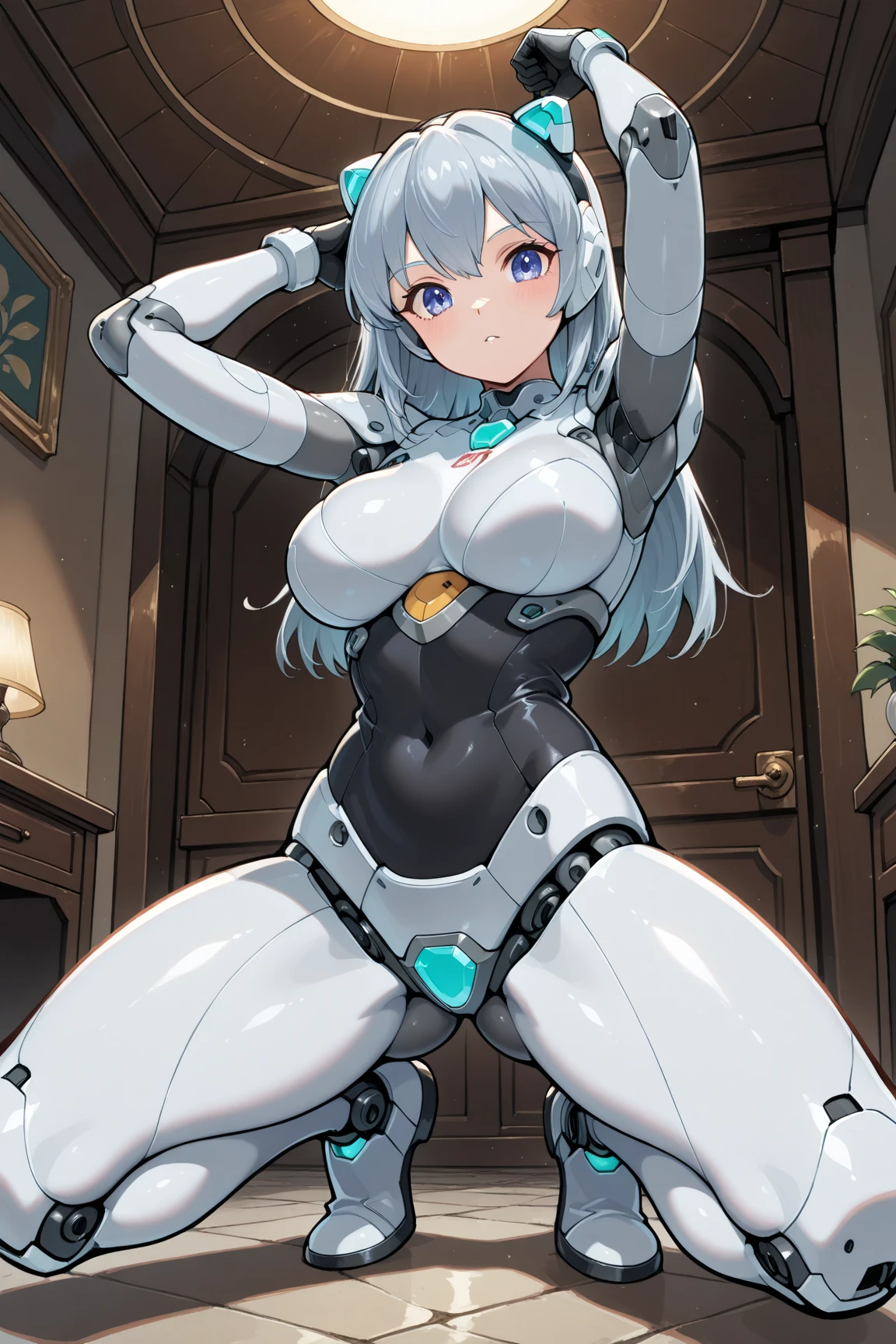 female robot, thin, skin part is only face, silver metal skin, full metal robot body, mechanical parts, electronic wire, cum in pussy, high quality, medium breasts, long hair, tall, thigh gap, full body metal skin, wet, cum in pussy, metallic tits, separated breast, under repair, anatomical body, unreal engine, from below