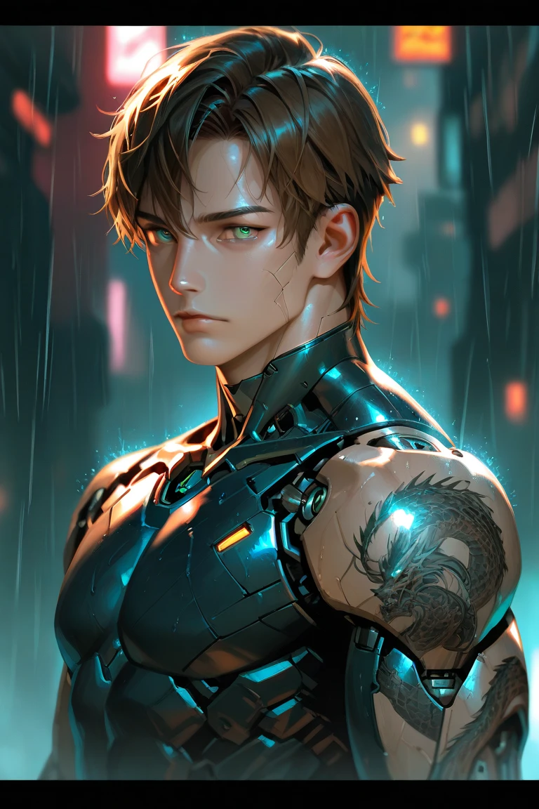 Generate an detailed male Human cyborg hybrid, this prompt creates a captivating depiction of a detailed Human cyborg hybrid, showcasing the seamless fusion of organic and mechanical and cybernetic elements. The fighter class cyborg should possess advanced technology, seamlessly integrated with its biological features, resulting in a formidable and visually stunning being that captures the imagination. Strike a balance between the natural world and cutting-edge tech in this one-of-a-kind design,