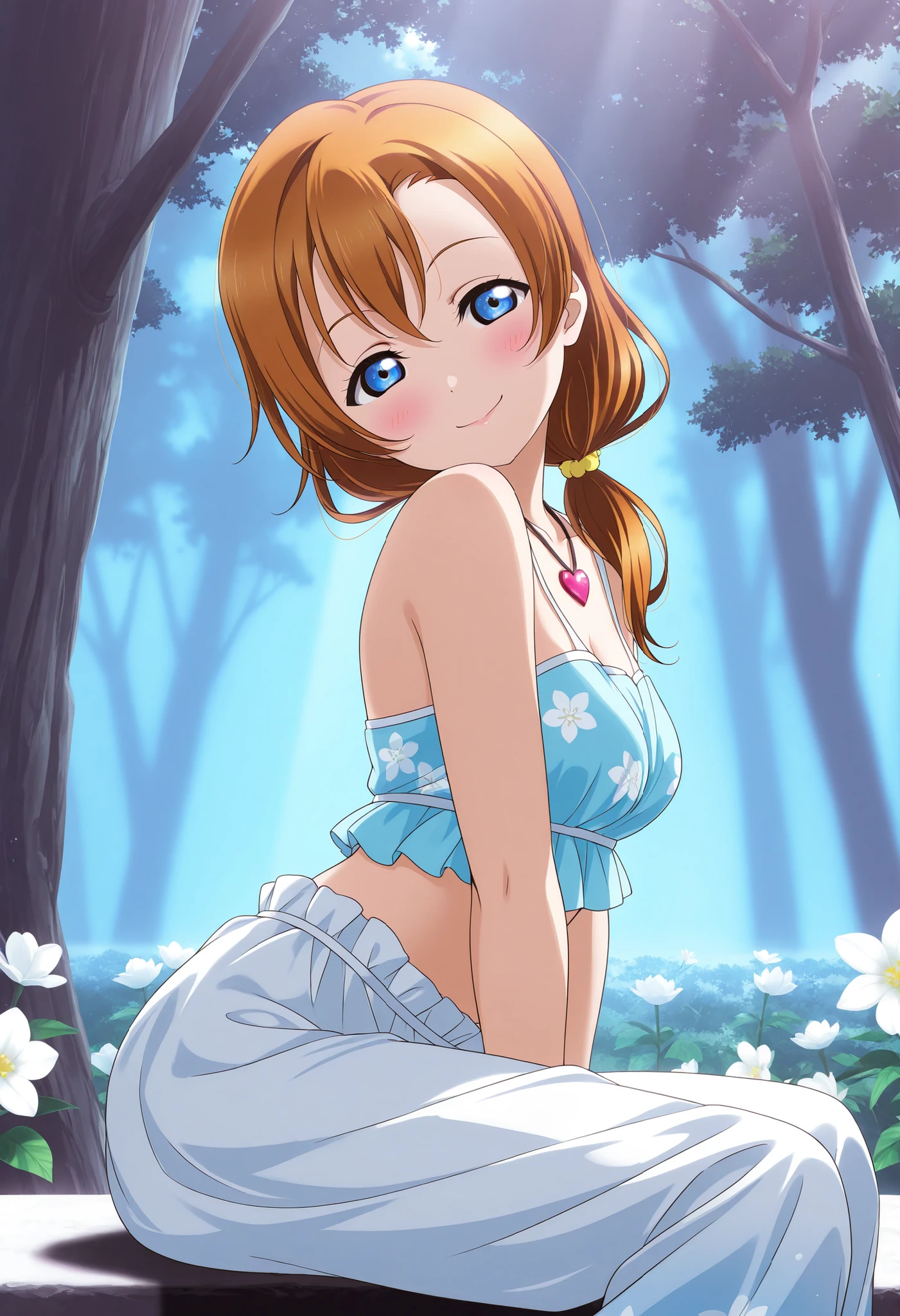 Masterpiece, best quality, Hoshizora rin, from side,orange hair, yellow eyes,solo, looking_at_viewer, sitting on ground, blue crop top,stars printed, white harem pants, pants slightly pulled down