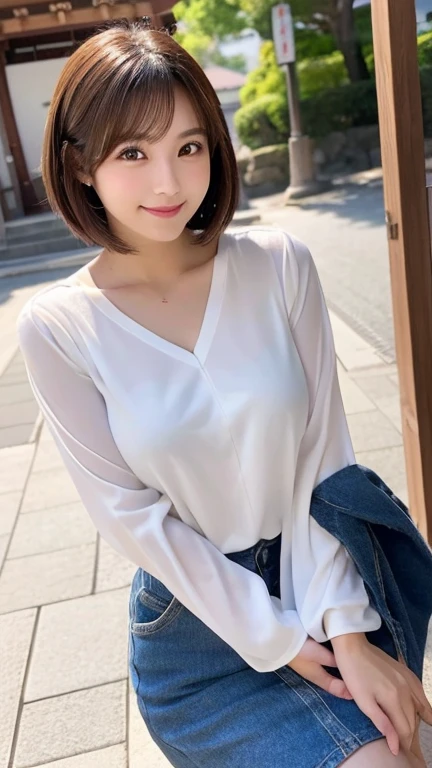 (skin blemish:1.2), (skindentation), black eye, 1woman, 25yo, (((woman))), solo, realistic, best quality, photorealistic, masterpiece, 8k, high res, solo, extremely detailed face, (professional lighting, bokeh), (light particles, lens flare, glowing particles:0.6), (dynamic pose:1.2), soft lighting, top angle view, fashionable and trendy atmosphere, japan, street, city, tokyo, harbour, ((daytime)), sky, ((looking at the viewer:1)), (looking at the camera),(portrait:0.6), cowboy shot, gorgeous, standing, keep original facial proportion, wide shoulder, full body, (small breast), (short hair), brown hair, floating hair, lips, lipstick, seductive smile, floating hair, smile, open_mouth, teeth, (sleeves less white blouse), (jumper skirt), eyelashes, mole, (mole under eye:1),