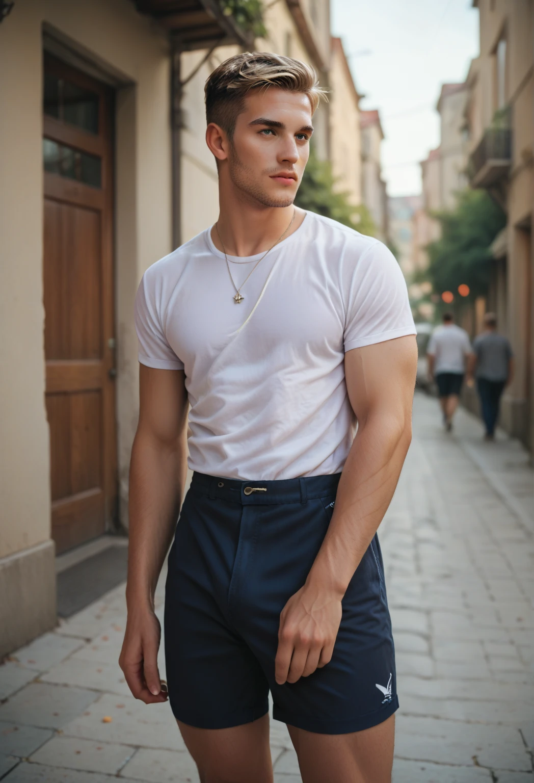Young man,short hair blonde with O. cut-in. Mid fade with neat preserved edge, Scrawny ,simple white shirt and stylish black denim shorts for men,and a pair of white sneakers on the cheek, a slight touch of pink, he standing with the background of a men&#39;s room 