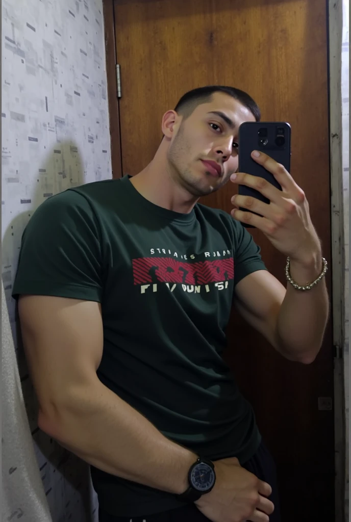 arafed man in a green swimsuit taking a selfie in a mirror, wearing a tanktop, wearing a low cut tanktop, wearing tanktop, wearing tank top, wearing a muscle tee shirt, bearded and built, no shirt under the vest, open v chest clothes, hairy chest, hairy chest and hairy body, super buff and cool, chest hair, hairy arms, hot muscular beefy man in singlet, green singlet, dick bulge, big dick, homoerotic, hairy man, hairy chest