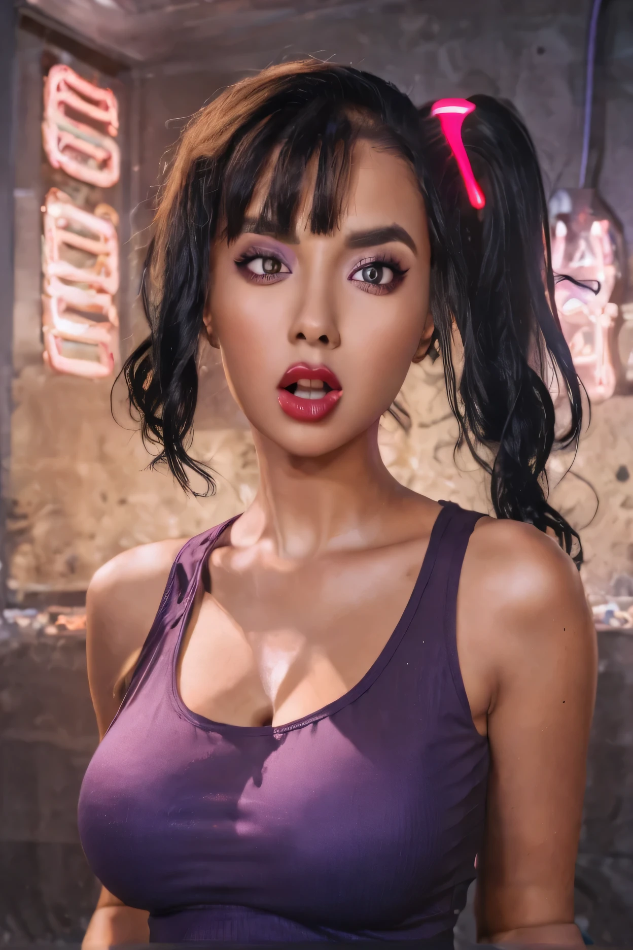 woman, (perfect face), detailed pupils, side ponytail, black hair, black thin eyebrows, brown eyes, purple eyeshadows, black eyeliners, nose, dark red lips, thick lips, tank top, purple tank top, large breasts, ((neon light)), perfect body, (surprised), big mouth, big eyes