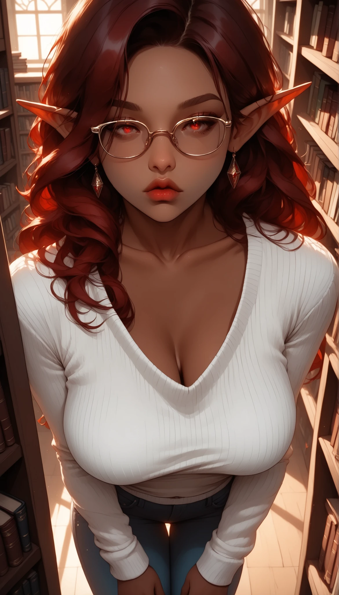 (library_interior, bookshelves, ambient_glow), (dark_skin, rich_shadows, warm_tones, glass_reflections), 1girl, dark_elf, long_hair, (red_hair:1.3), pointed_ears, large_breasts, voluptuous, red_eyes, elf_ears, glasses, white_top, jeans, holding_books, looking_up, (seductive), (high_angle), (cowboy_shot), (detailed_face:1.3), (sharp jawline), (high nose bridge:1.2), (pouty lips:1.2), full lips, soft skin, glowing_skin, refined_cheekbones, arched_eyebrows, visible_philtrum, (masterpiece:1.2), (best quality:1.2), ultra detailed, 8k, watercolor, cinematic lighting, volumetric_lighting, rim light, soft shadows, ((forced_perspective)), (Diminishing scale perspective:1.3), (lora:Yandere Queen:0.85), (lora:SDXL high detailed. LoRA_SDXL_ARW_0010:0.75), (lora:Waifu Eyes:0.5), (lora:NKxXmo's Shaded Face:0.5), (lora:NoobAI-XL Detailer:0.6), (lora:Detail Tweaker:0.65)
