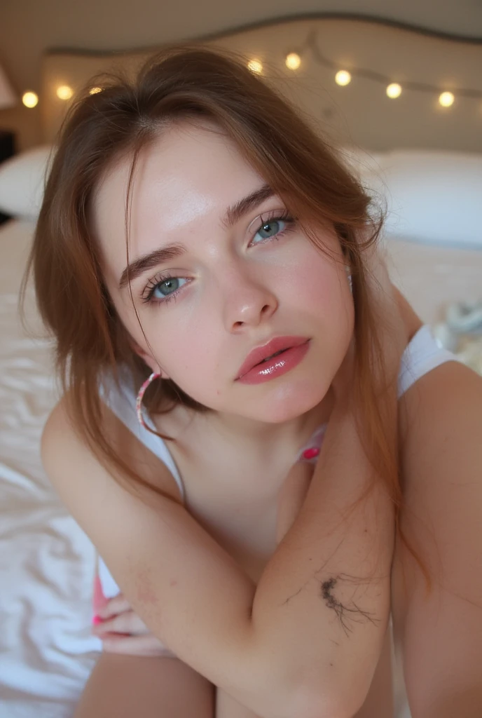 mirror selfie , a beautiful 19 year old girl , slight smile , detailed skin face and eyes , natural lighting , at home , wide, messy hair, see through loose blouse, neckline, film grain, low contrast, natural face , parts , dark blonde hair , dark green eyes, dark circles under the eyes, sexy, nipples visible under blouse,
