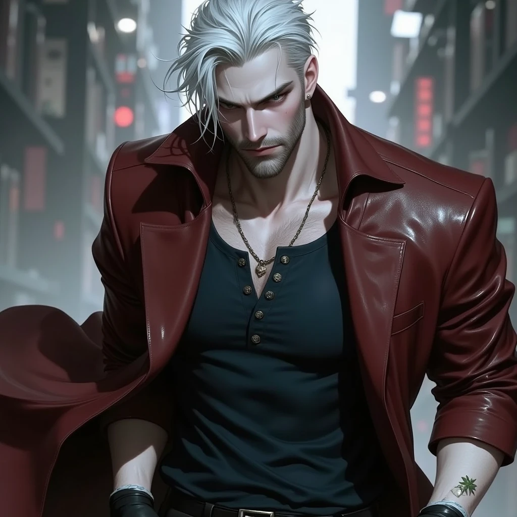 Yin Qi handsome, Slim, male body ,Sickly pale smile, Detailed body, Wearing a red trench coat and black shirt with blood splatters, Silvery hair,Evil charm,Ancient spooky castle in the background,