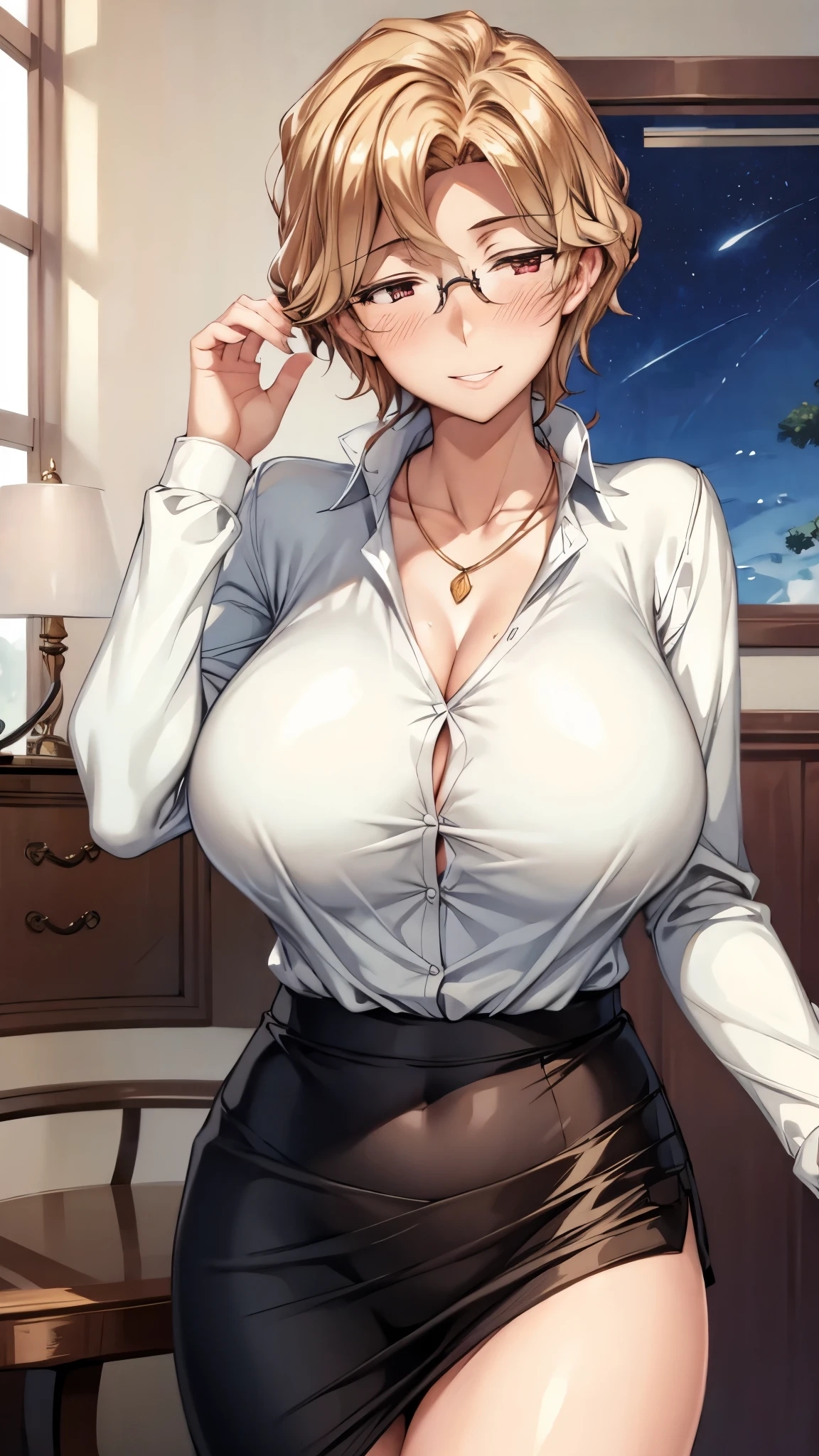 (SUPER QUALITY,super high definition,16k,A super masterpiece, ,detailed shading and background,)shot from below,sexy mature woman,all night, Gold,glasses,Long-sleeved white shirt with a large collar standing straight,tight tight skirt,cleavage,necklace,Big Breasts,blush,with a maternal smile,glossy lips,living room,place one hand on the side of your head,Put one hand on your butt,